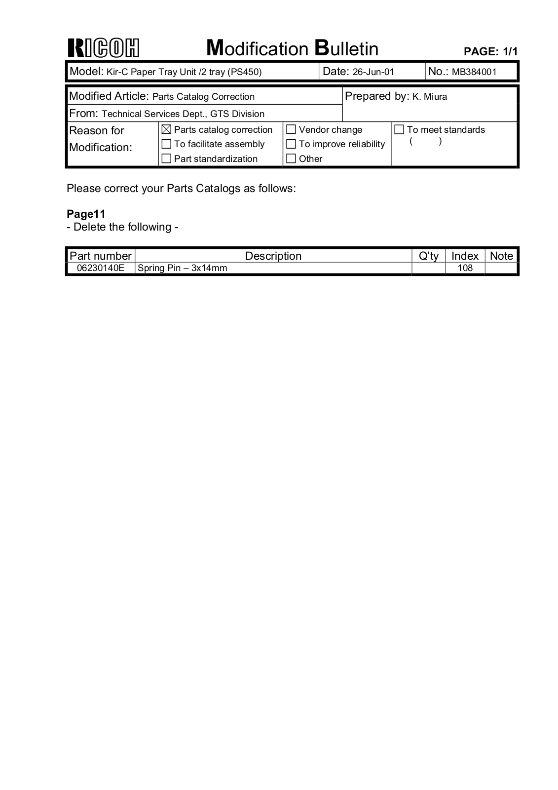 Ricoh ps450 Modification Bulletin