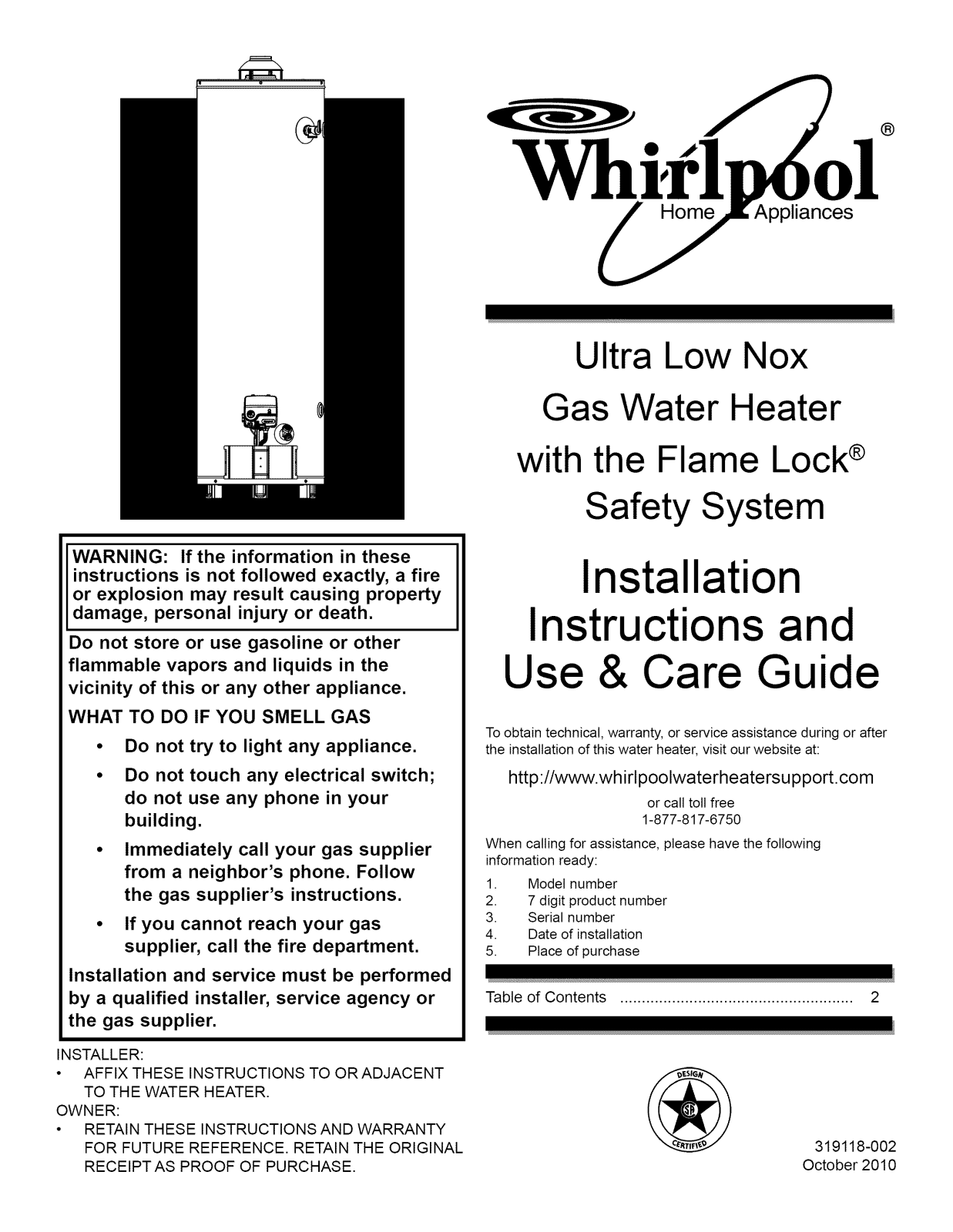Whirlpool NU30T61-303, NU40T61-403, NU40T62-403, NU50T61-403 Owner’s Manual