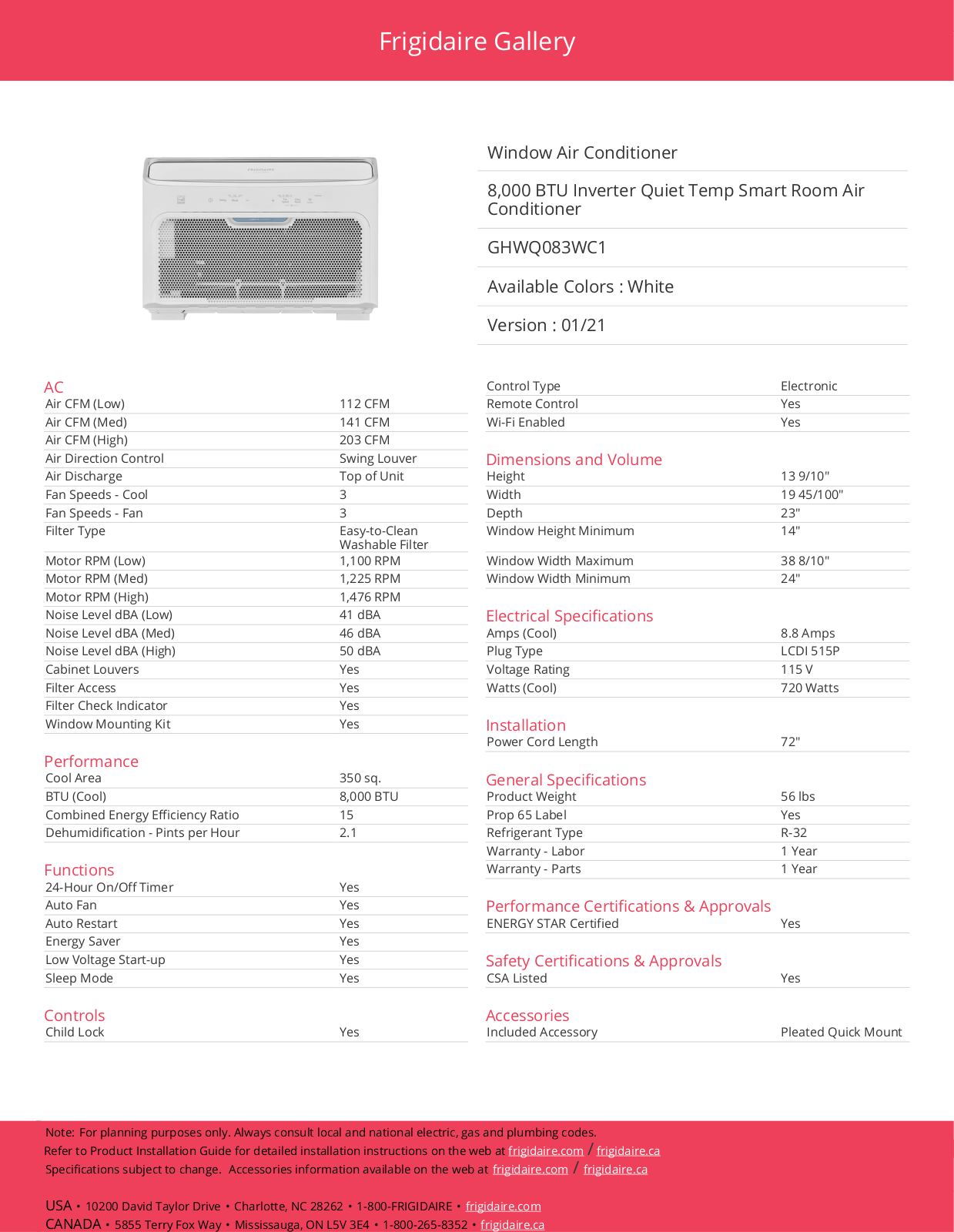 Frigidaire GHWQ083WC1 Specification Sheet