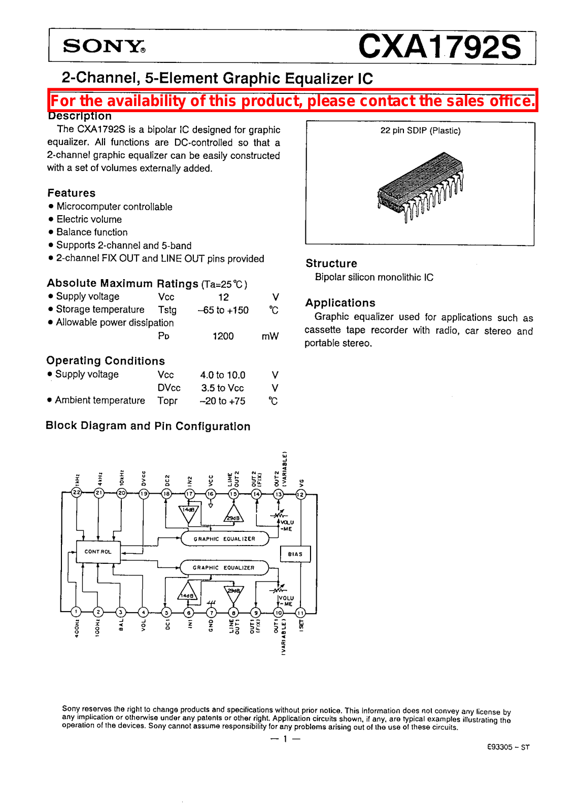 Sony CXA1792S Datasheet