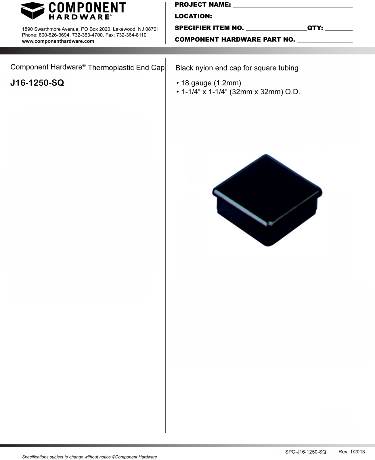 Component Hardware J16-1250-SQ User Manual