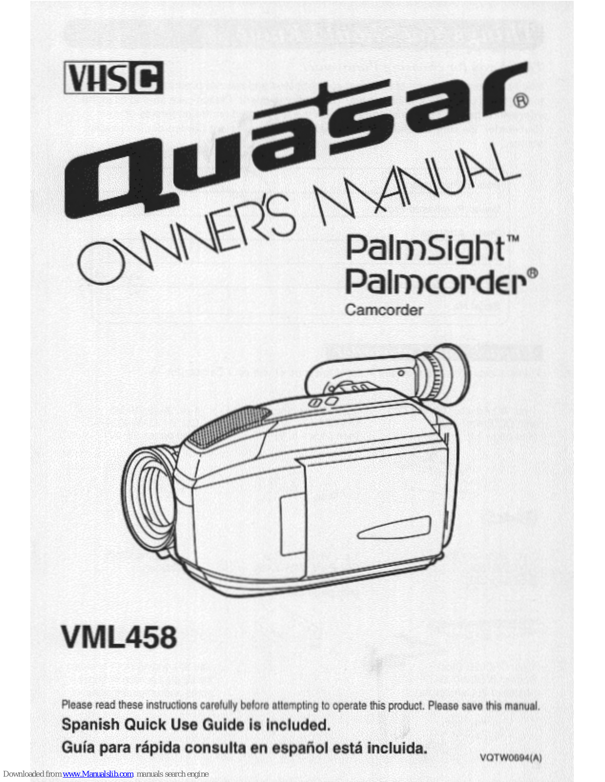 Quasar Palmcorder PalmSight VML458, VML458 - VHS-C CAMCORDER User Manual