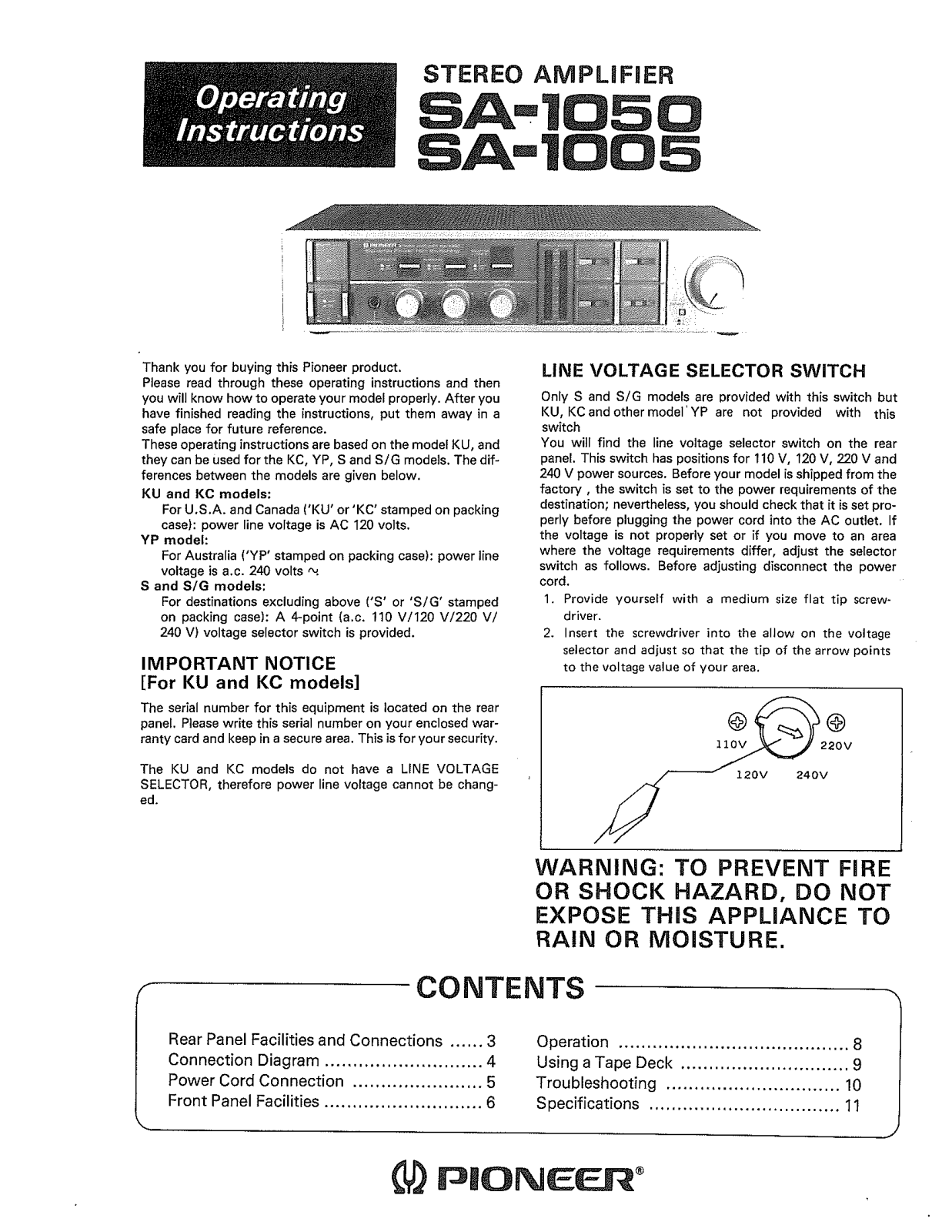 Pioneer SA-1050, SA-1005 Owners Manual