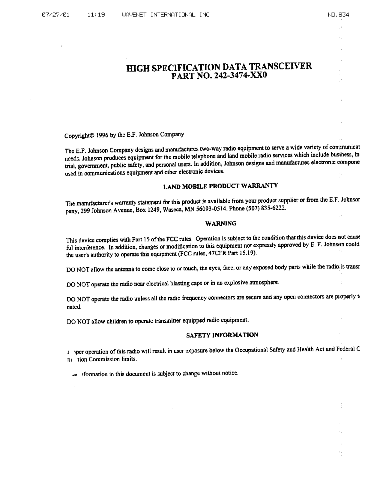 WaveNet WL7412-450 E F Johnson Company High Specification Data Transceiver