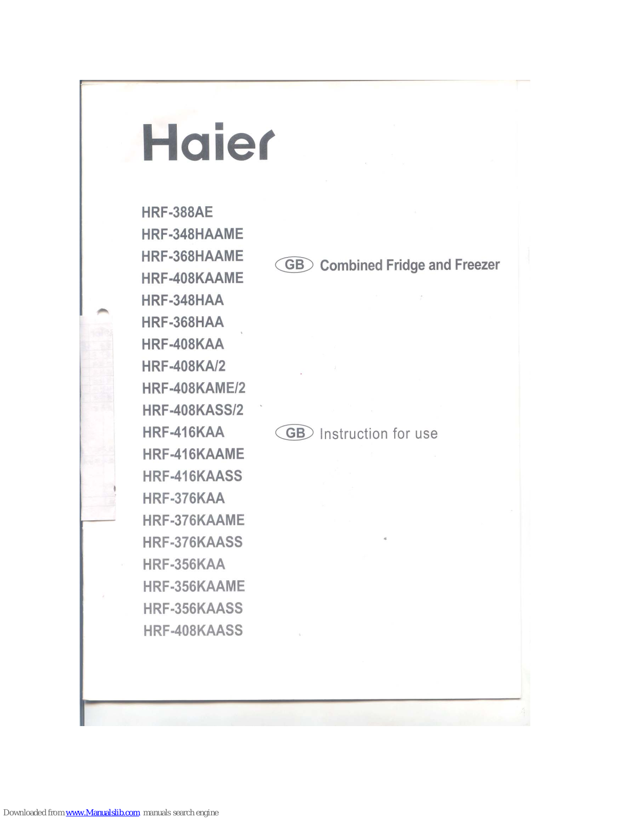 Haier HRF-356KAASS, HRF-348HAAME, HRF-368HAA, HRF-368HAAME, HRF-376KAA User Manual