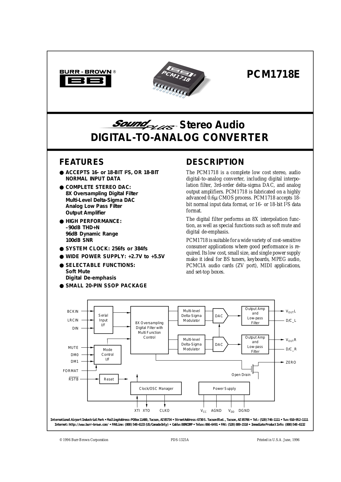 Burr Brown PCM1718E, PCM1718E-2K Datasheet