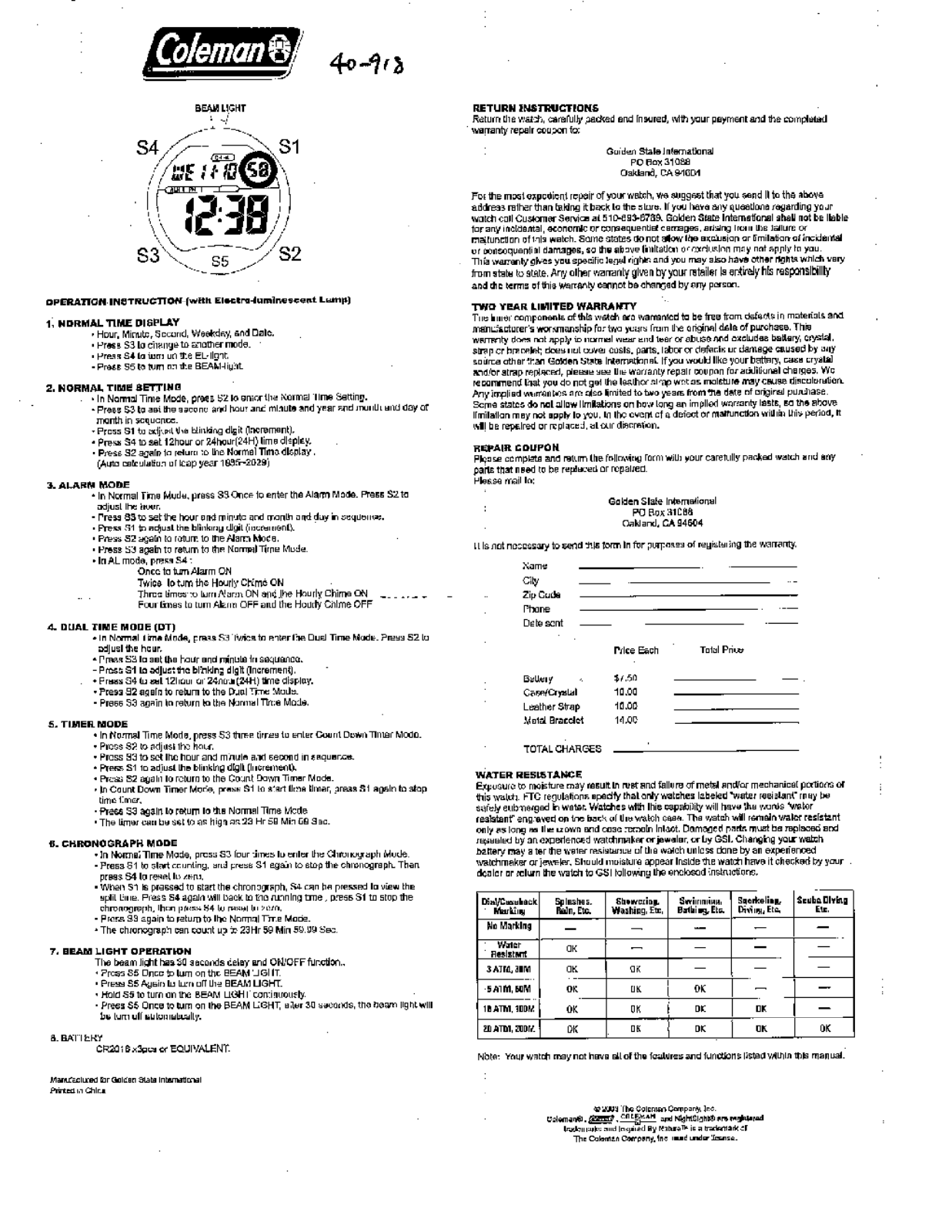 Golden State International 40-879, 40-918 User Manual