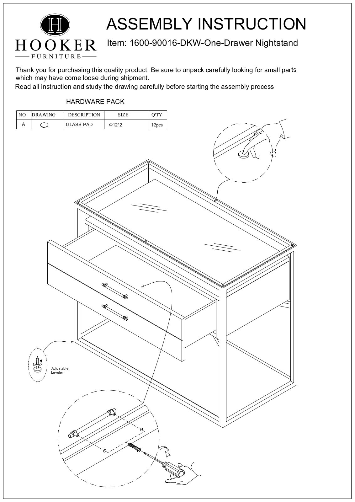 Hooker Furniture 160090016DKW Assembly Guide