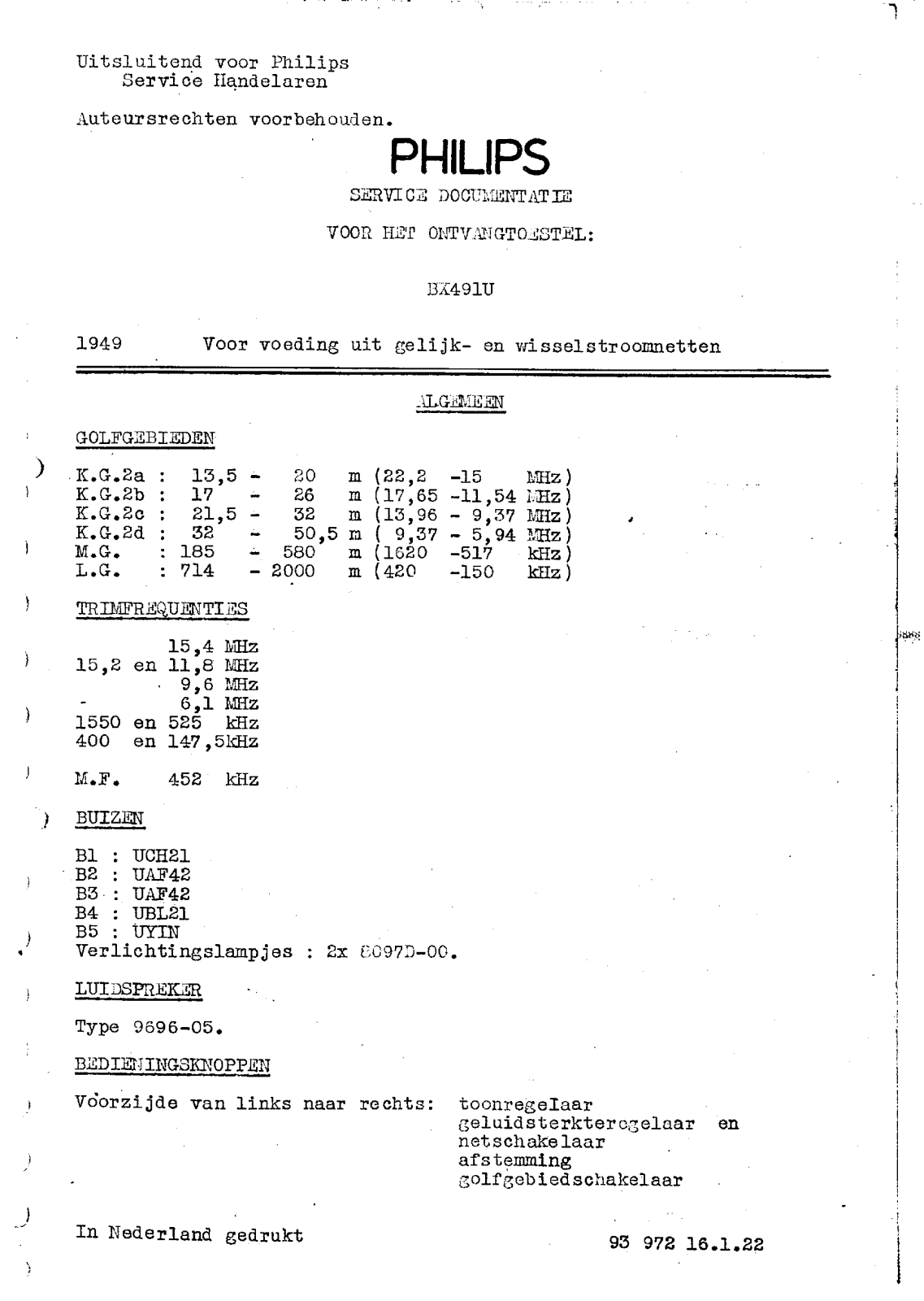 Philips BX491U Schematic