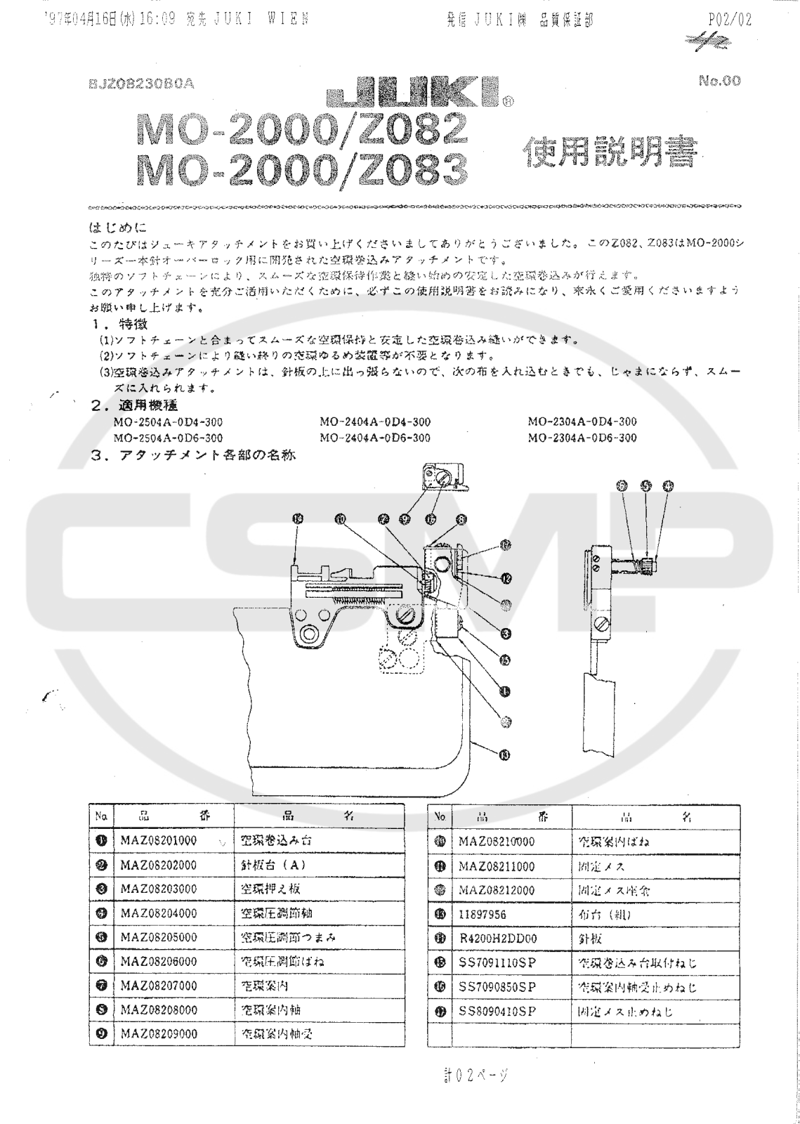 Juki MO2000 Parts Book