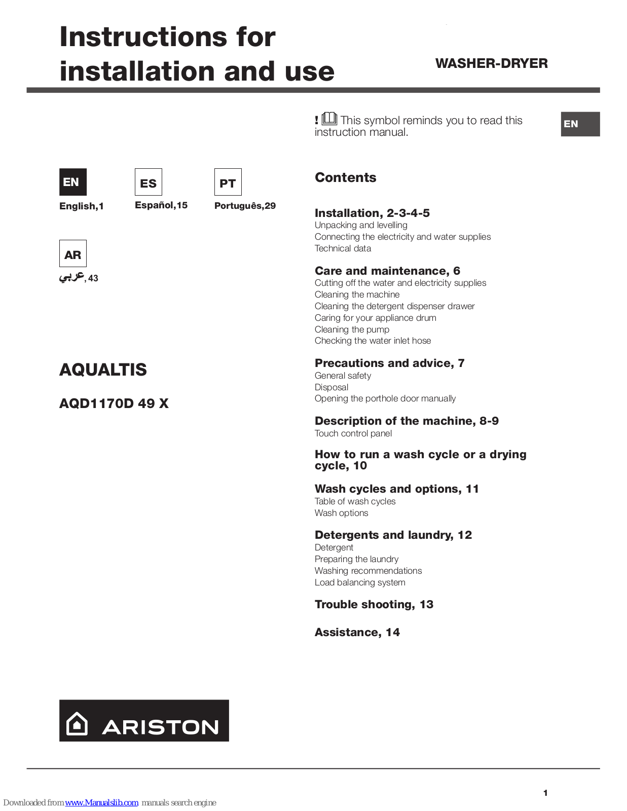 Hotpoint Ariston AQD1170D 49 X Instructions For Installation And Use Manual