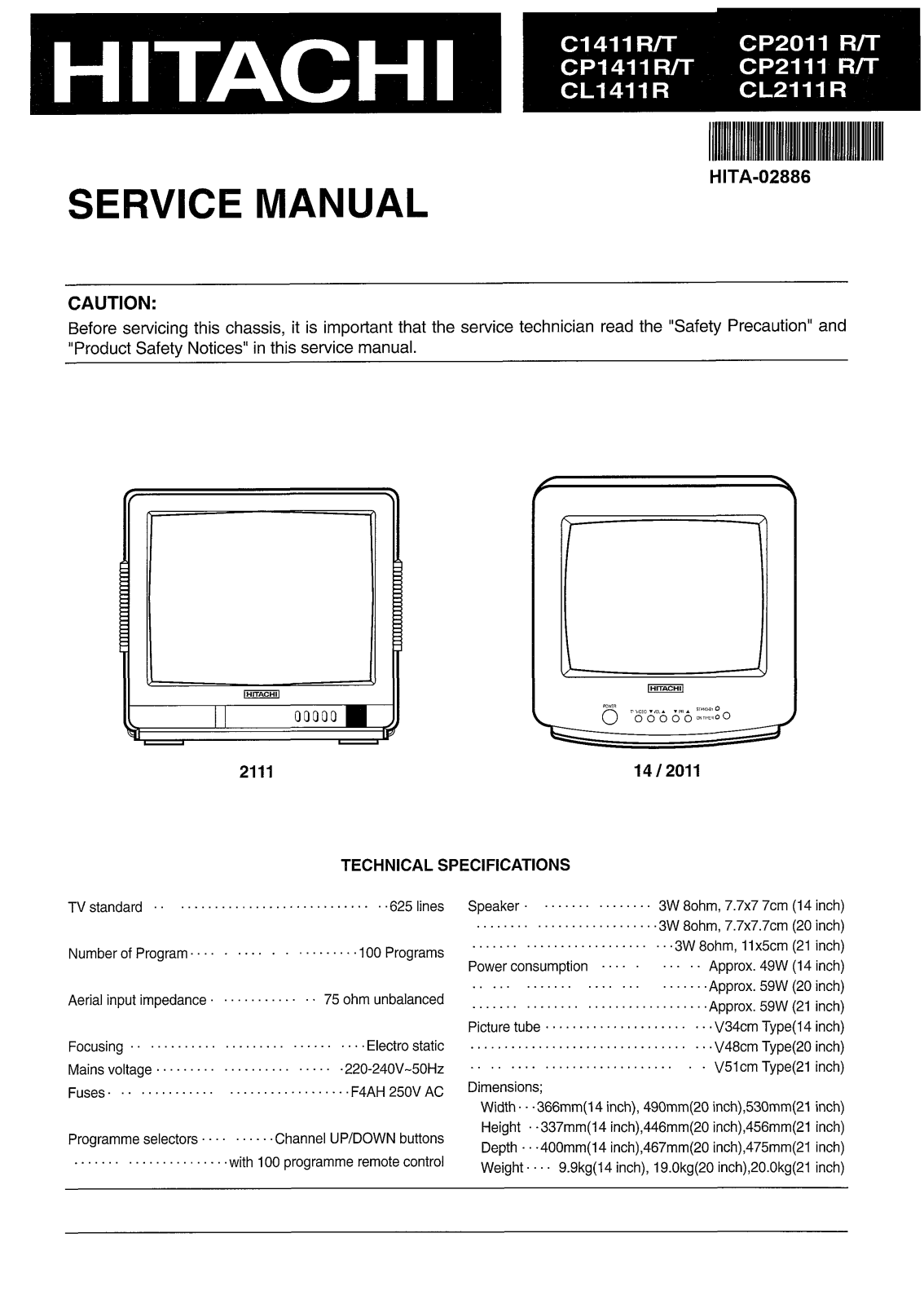 Hitachi C-1411R, C-1411T, CP-1411T, CP-1411R, CL-1411R Service Manual