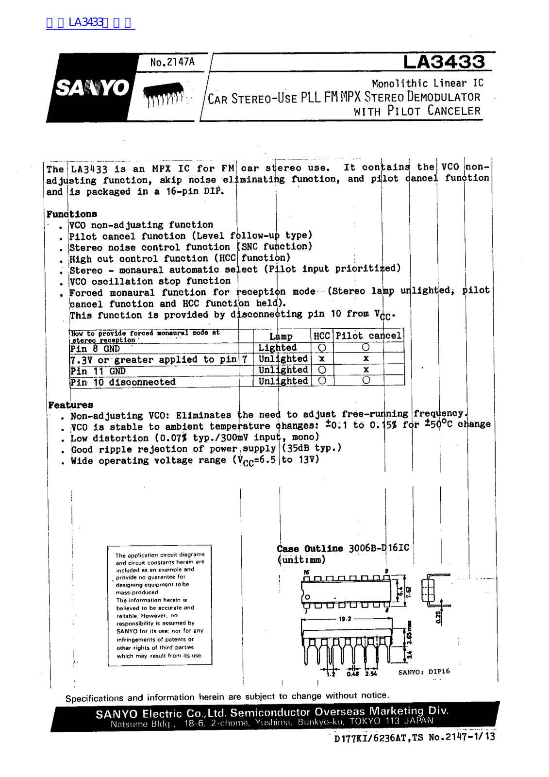 SANYO LA3433 Technical data - ManualMachine.com
