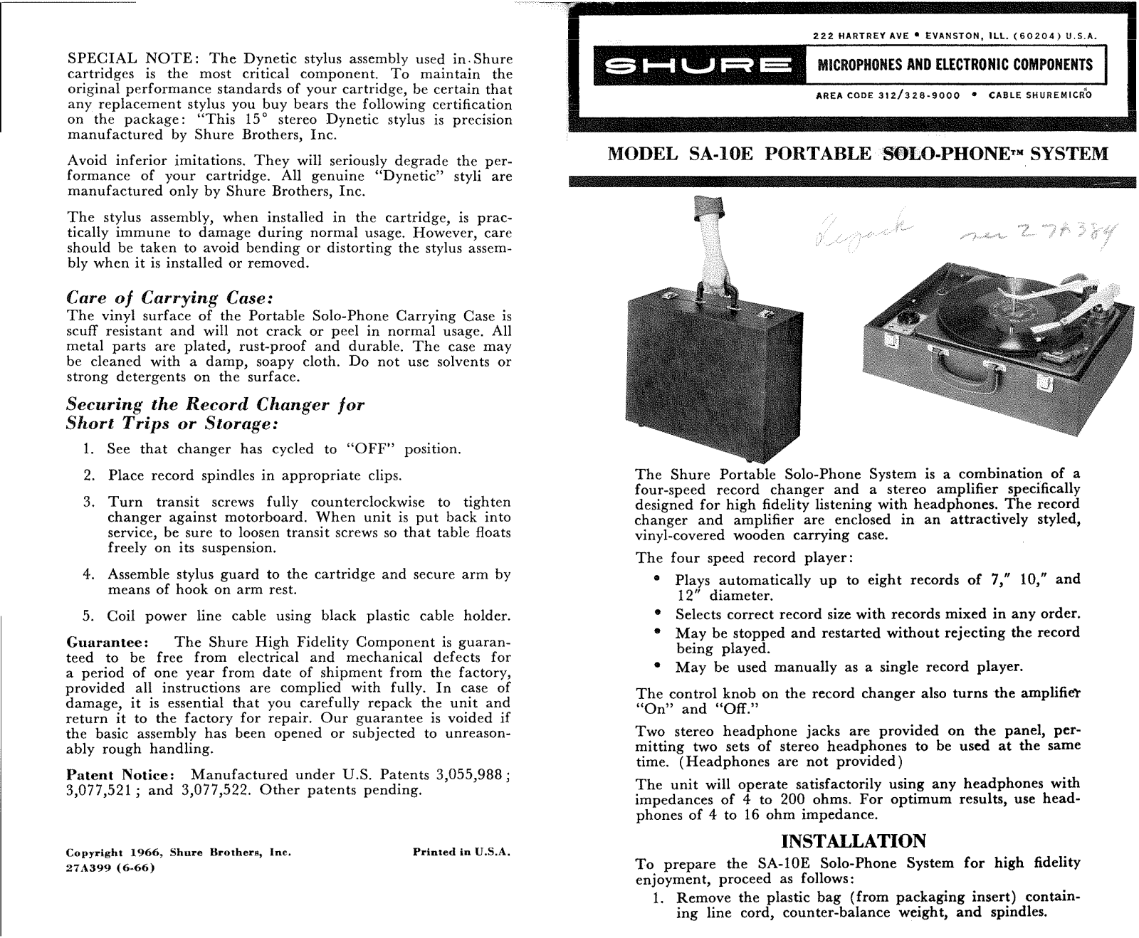 Shure Phonograph SA-10E User Guide - ManualMachine.com