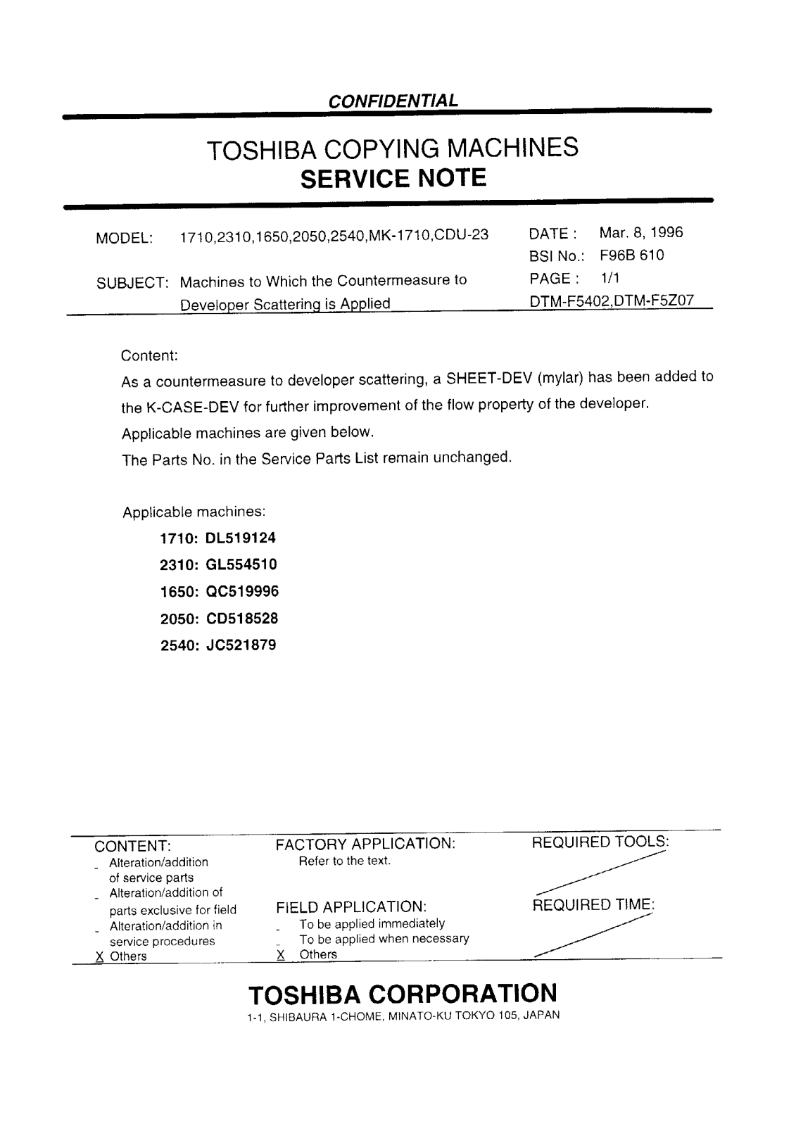 Toshiba f96b610 Service Note