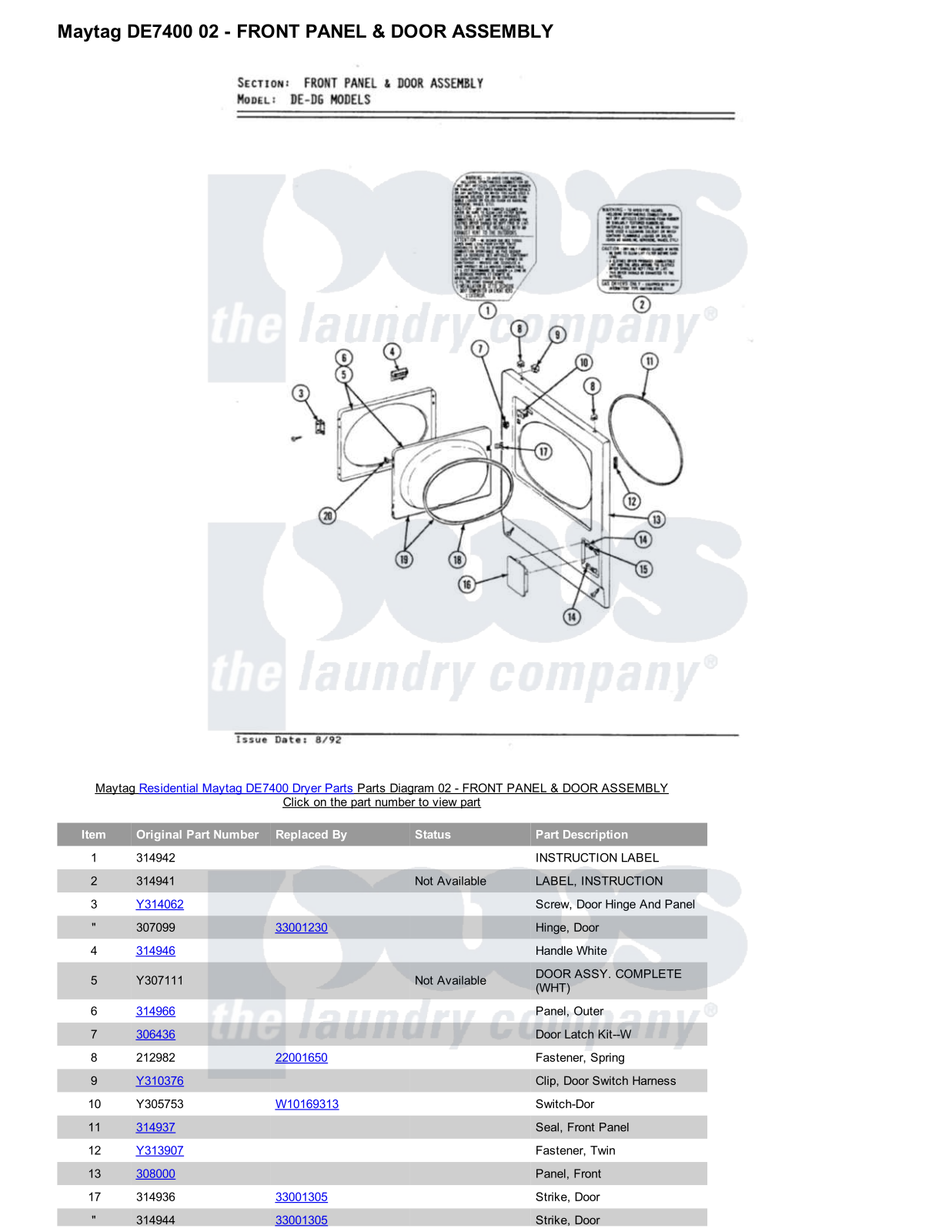 Maytag DE7400 Parts Diagram