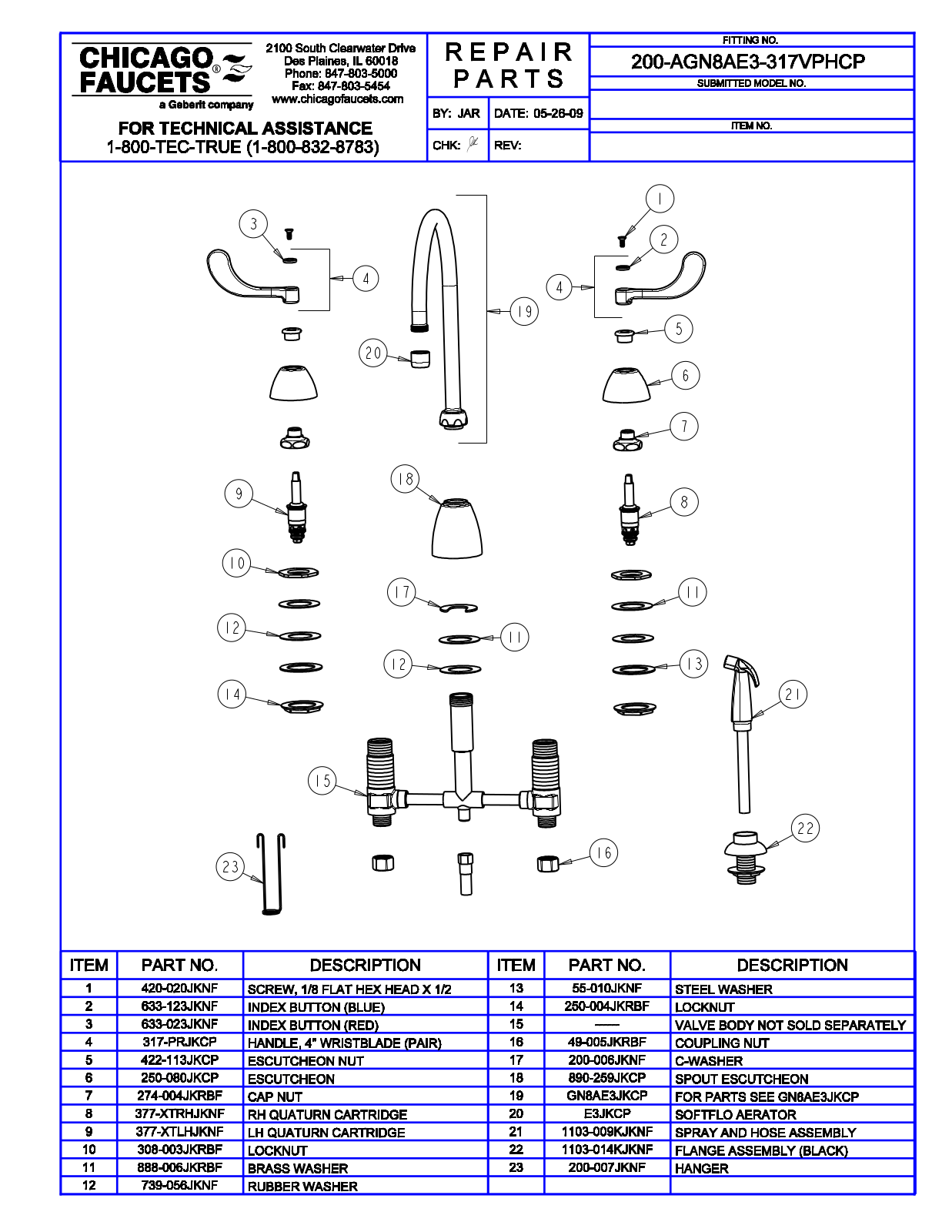 Chicago Faucet 200-AGN8AE3-317VPH Parts List