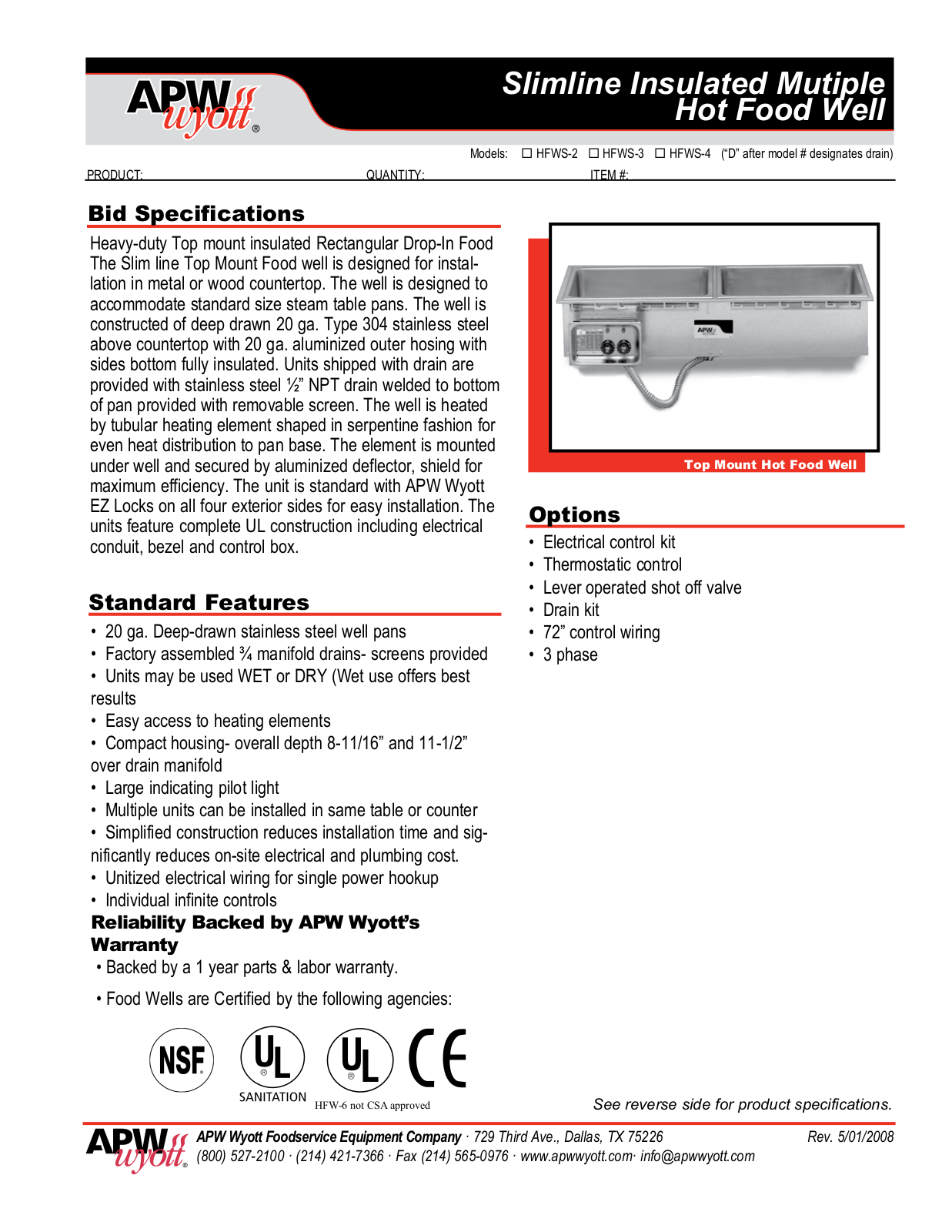 Wyott HFWS-2 Specifications