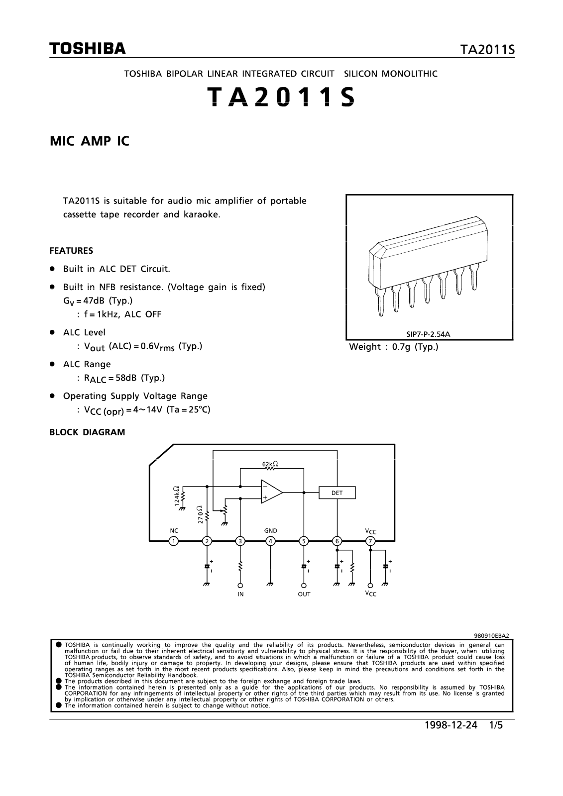 Toshiba TA2011S Datasheet