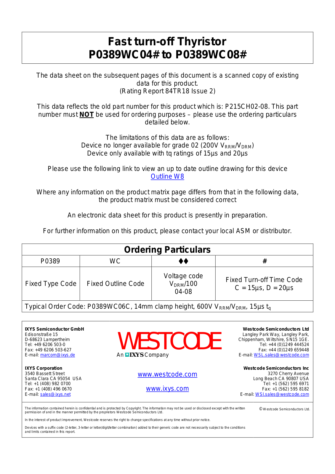 Westcode Semiconductors P0389WC04#, P0389WC08# Data Sheet