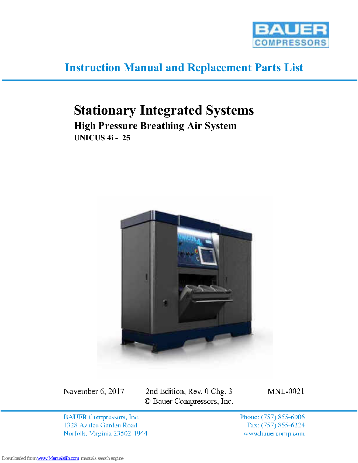 Bauer Compressors UNICUS 4i - 25 Instruction Manual And Replacement Parts List