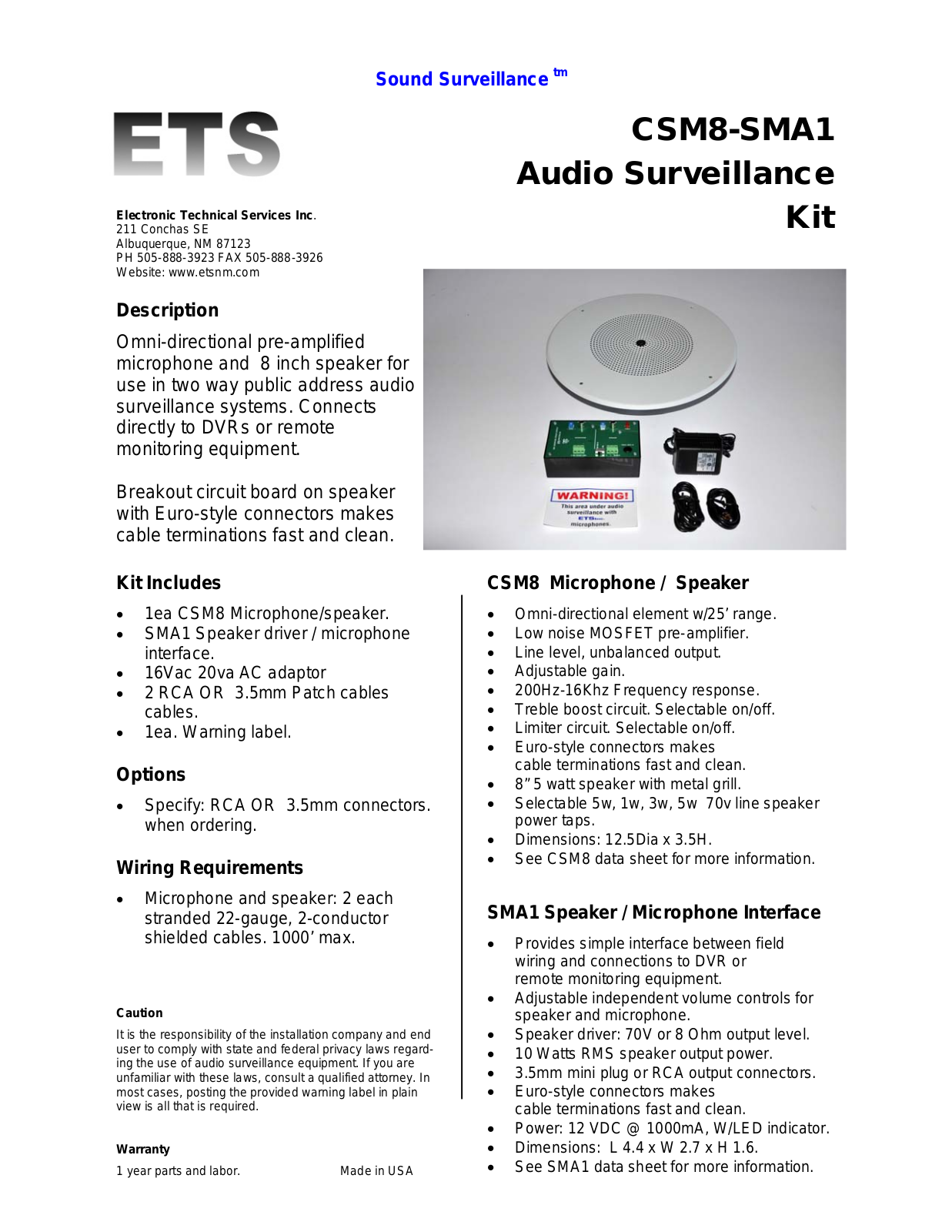 ETS CSM8-SMA1 Specsheet