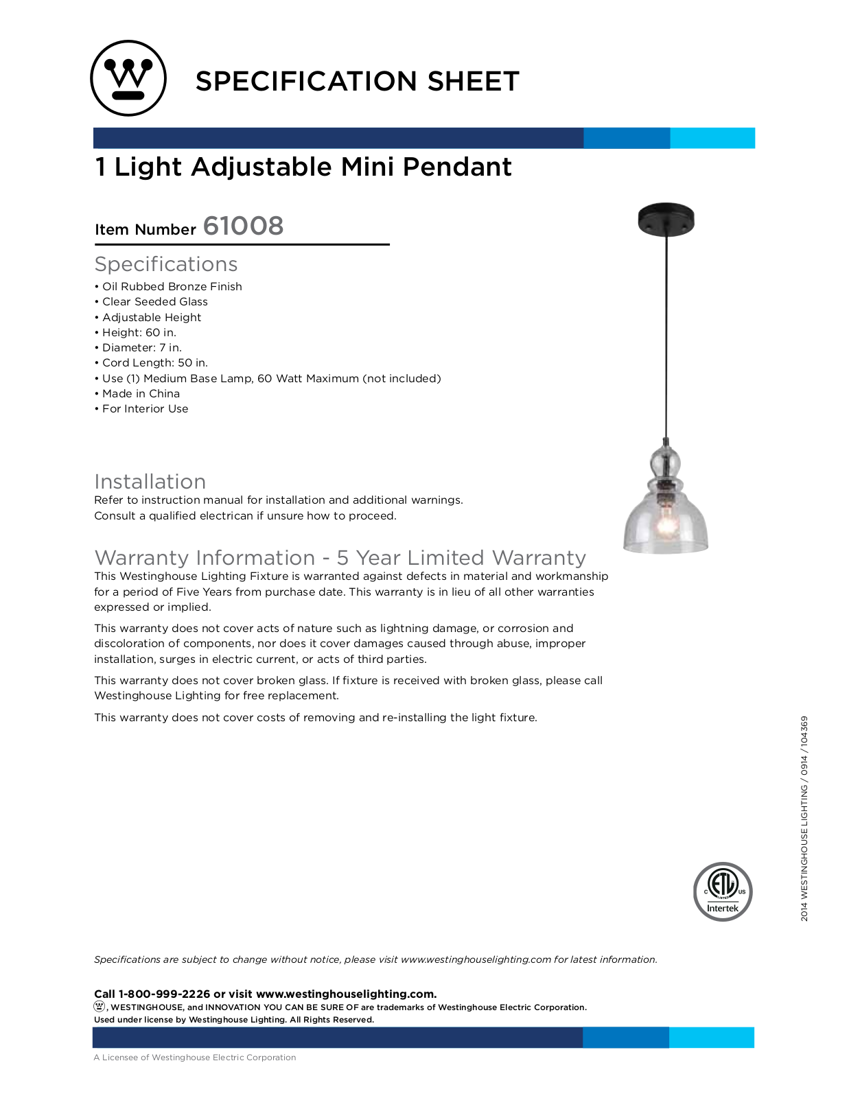 Westinghouse 6100800 Specification