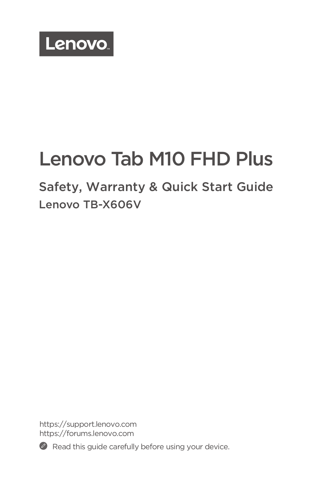 Lenovo Tab M10 FHD Plus Safety, Warranty & Quick Start Guide