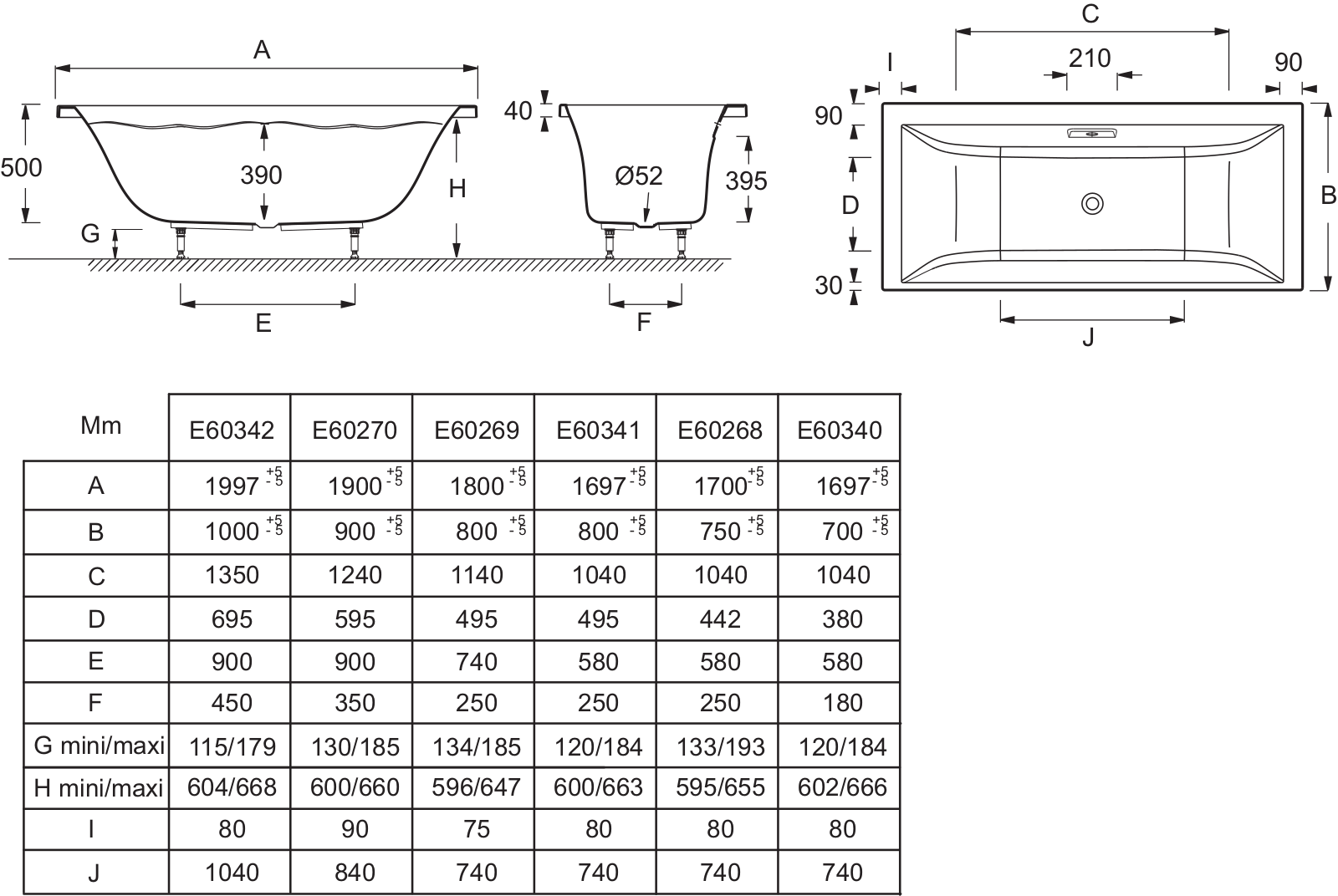 Jacob Delafon EVOK E60270-00, EVOK E60342-00, EVOK E60340-00, EVOK E60269-00, EVOK E60341-00 Dimensions