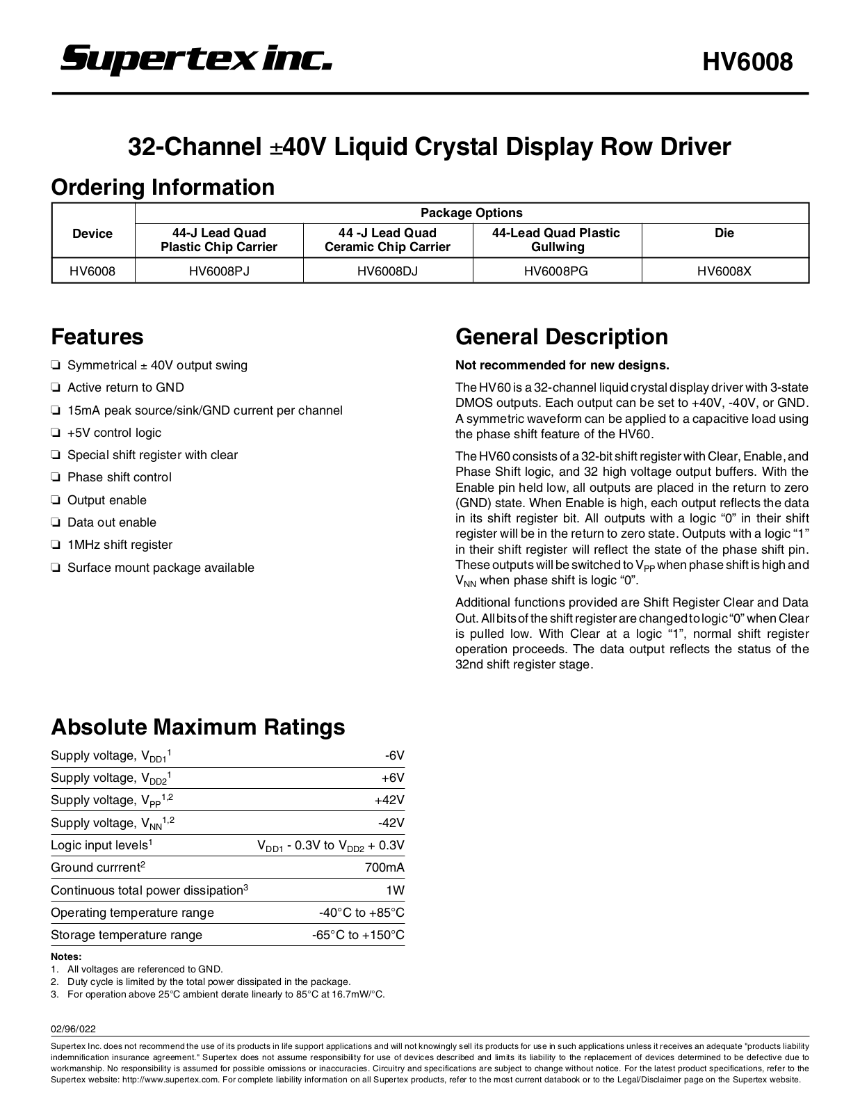 Datasheet HV6008DJ, HV6008PG, HV6008PJ, HV6008X Datasheet (Supertex) - ManualMachine.com