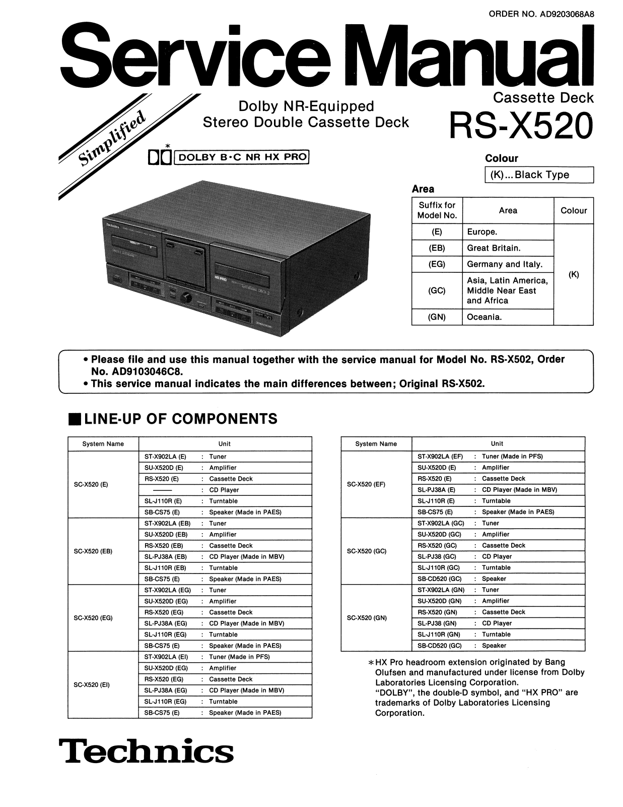 Technics rs-x520 simplified Service Manual