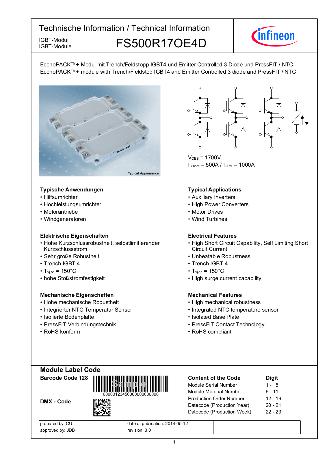 Infineon FS500R17OE4D Data Sheet