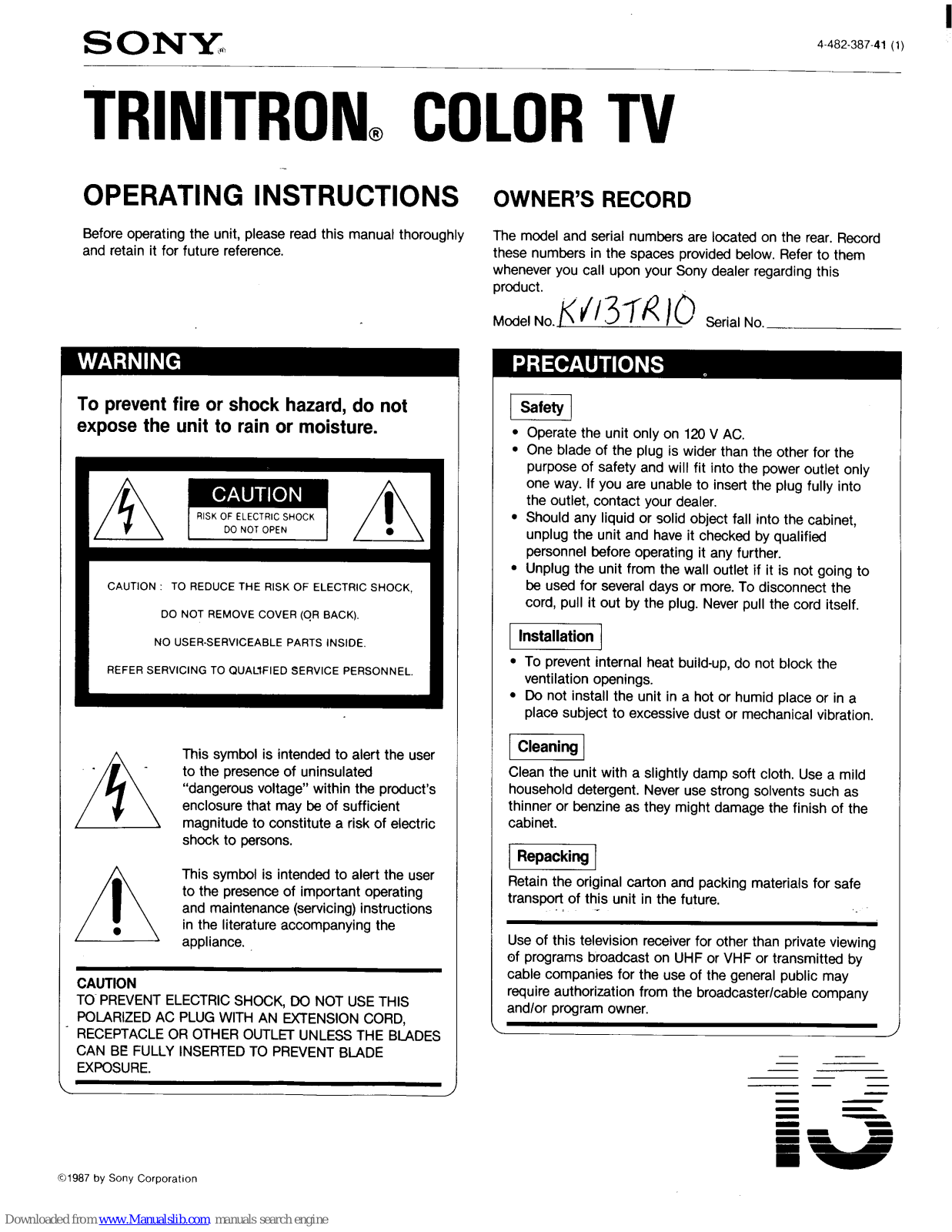 Sony Trinitron KV-13TR10 Operating Instructions Manual