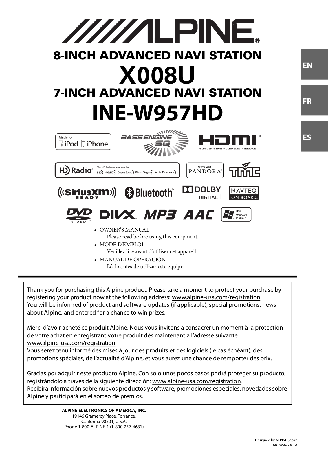 Alpine INE-W957HD, X008U Owner's Manual