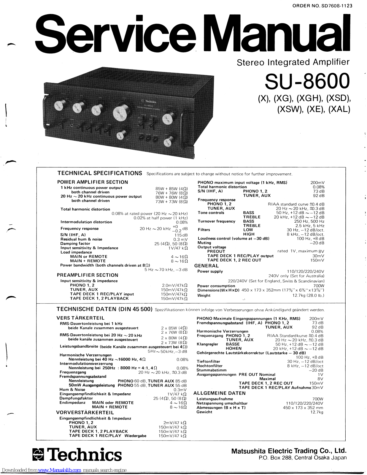 Technics SU-8600X, SU-8600XG, SU-8600XGH, SU-8600XSW, SU-8600XE Service Manual