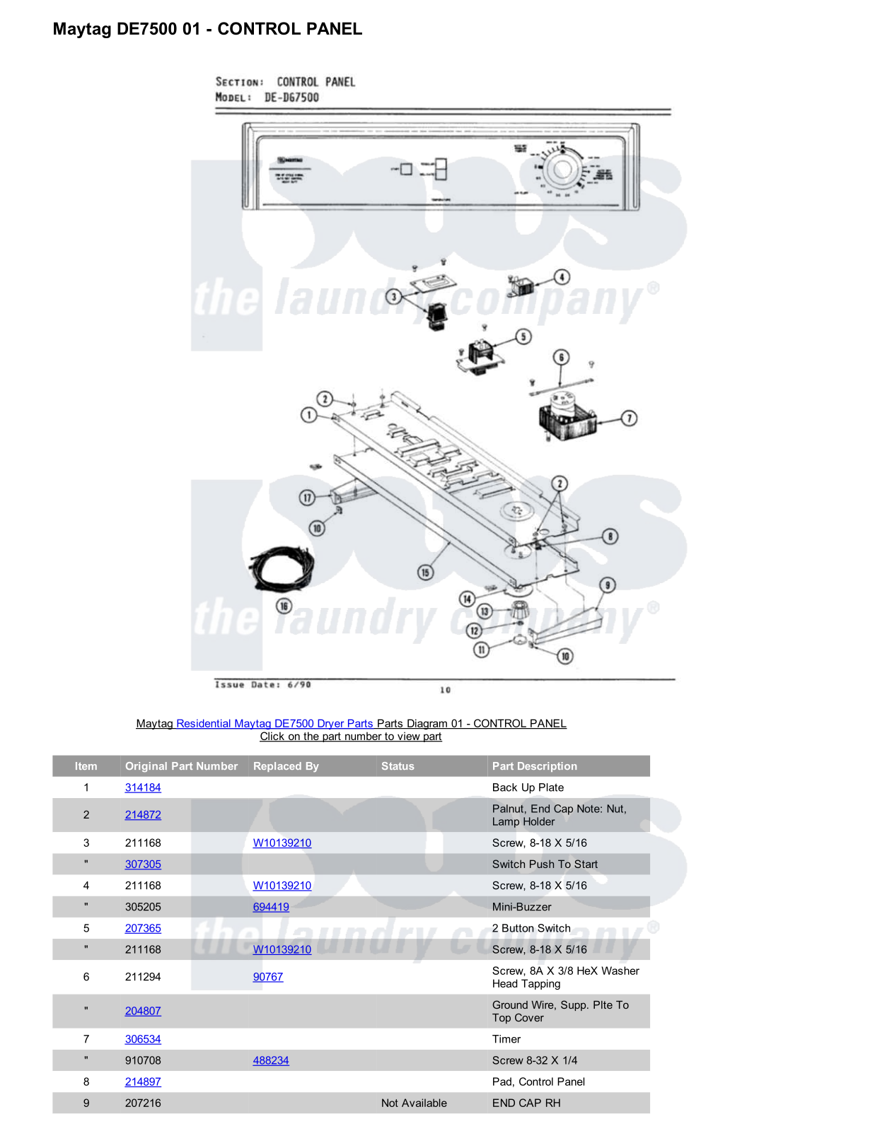 Maytag DE7500 Parts Diagram