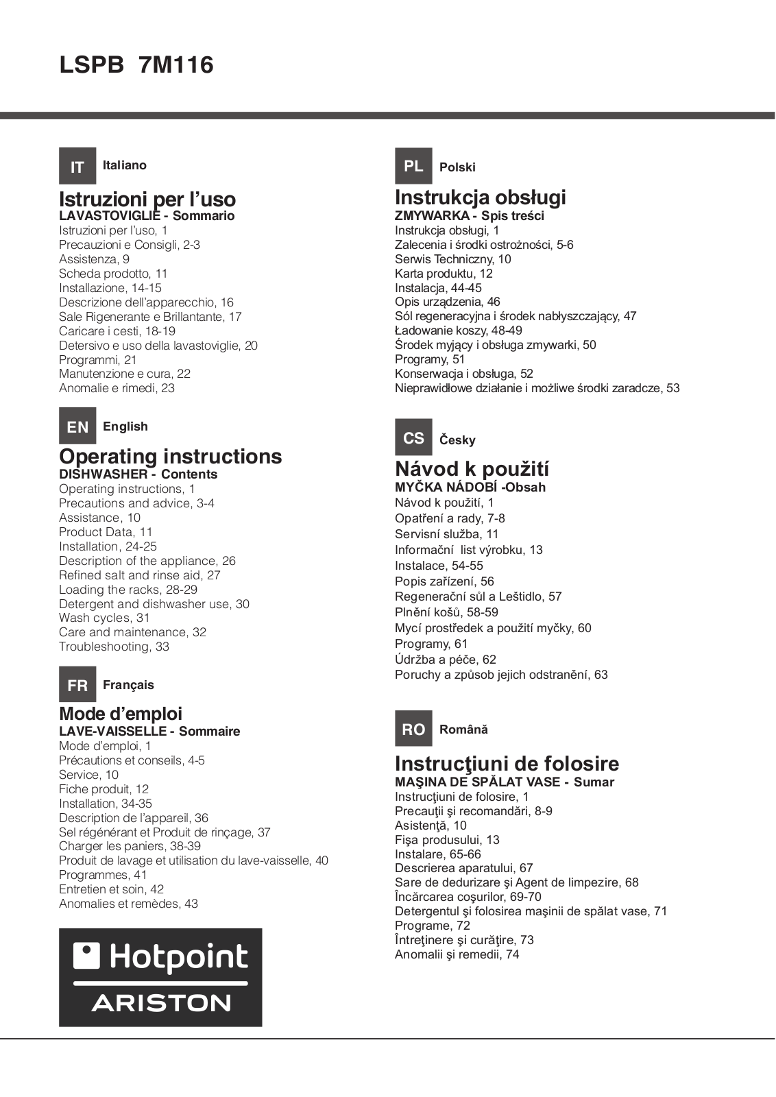 HOTPOINT/ARISTON LSPB 7M116 X EU User Manual