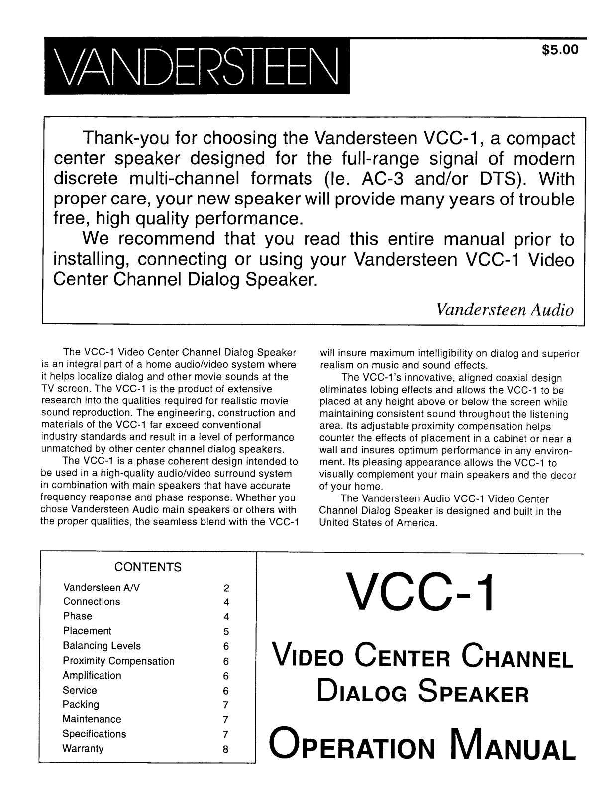 Vandersteen Audio VCC-1 User Manual