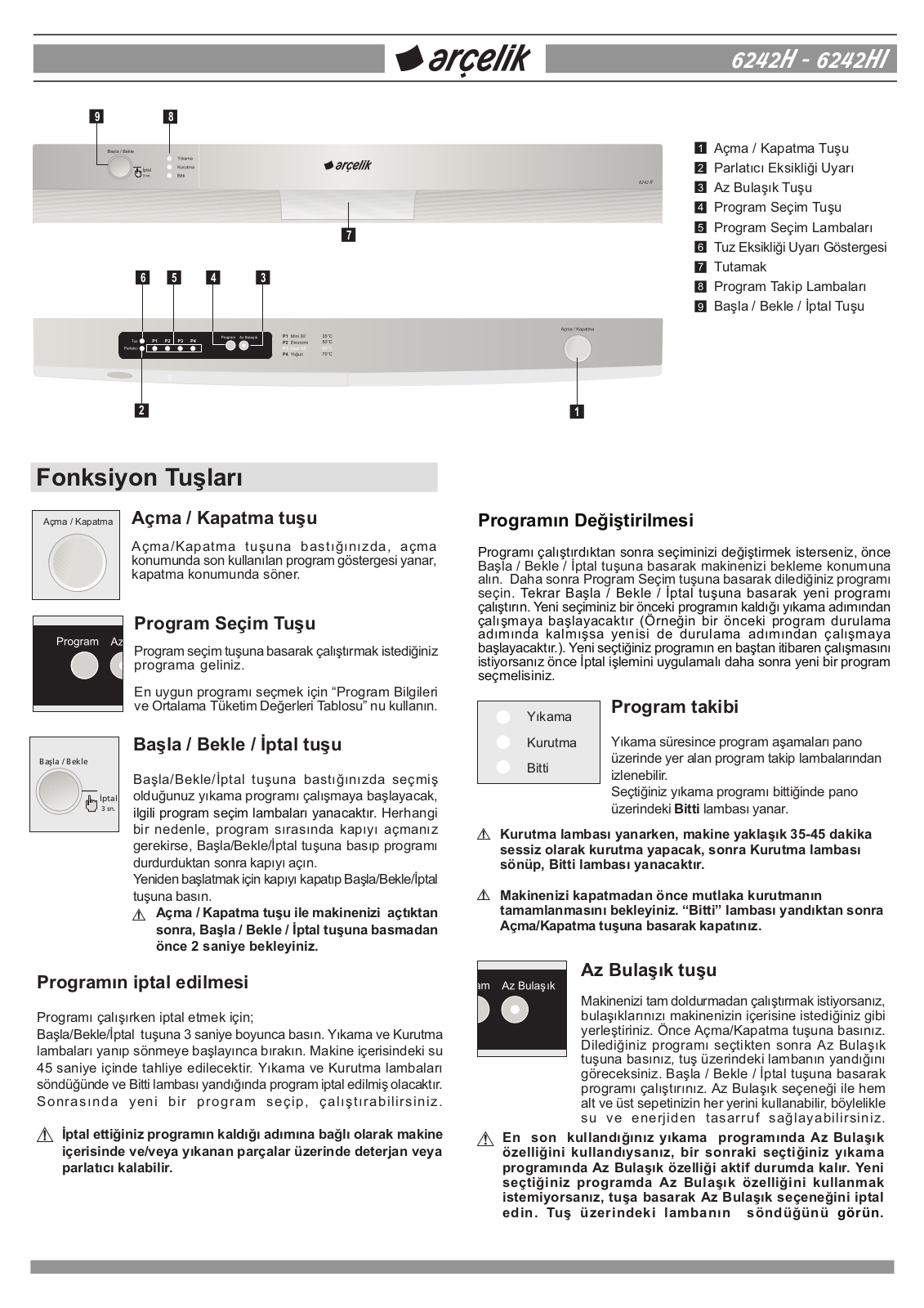 Arçelik 6242H, 6242HI QUICK REFERENCE GUIDE