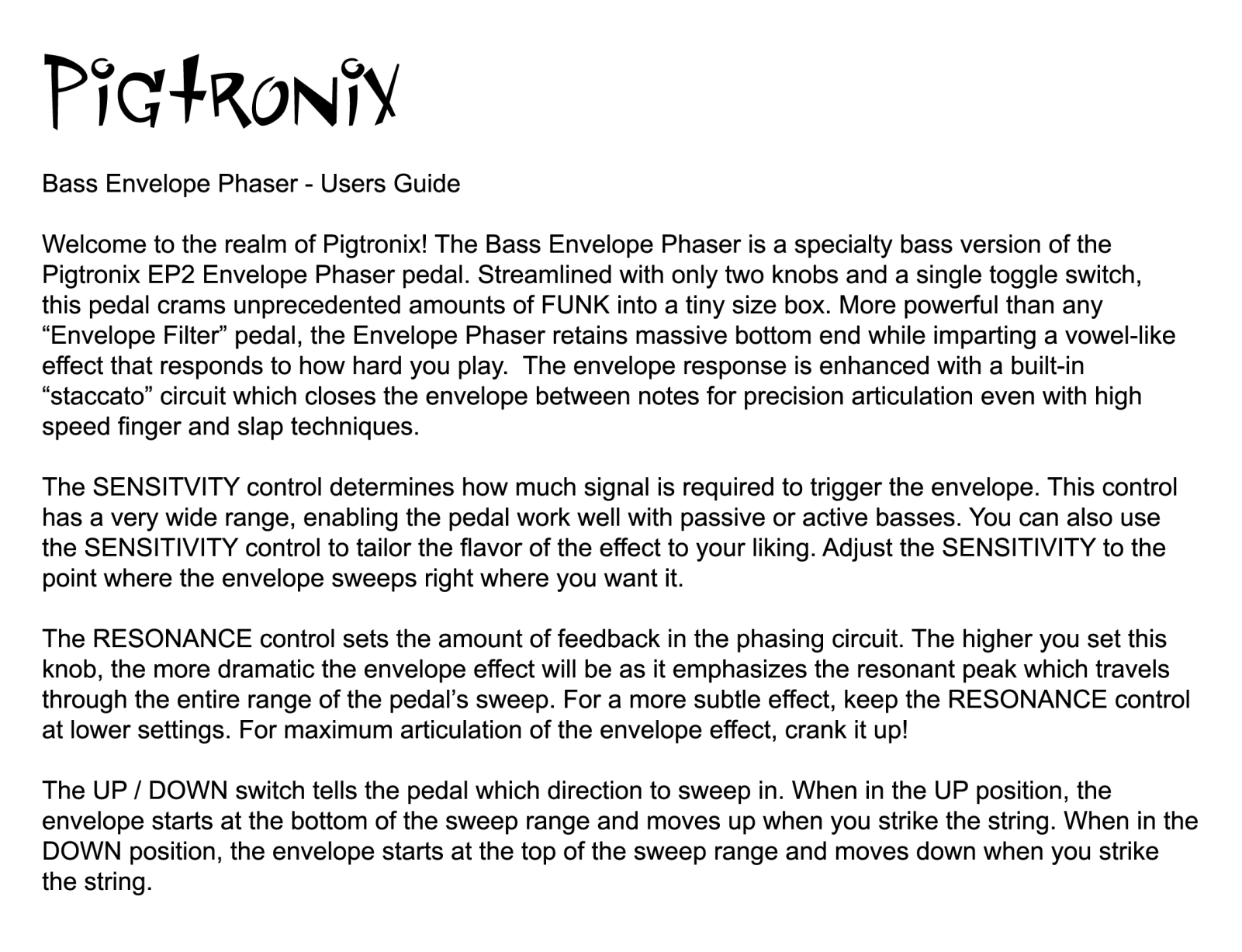 Pigtronix Bass Envelope Phaser User Manual