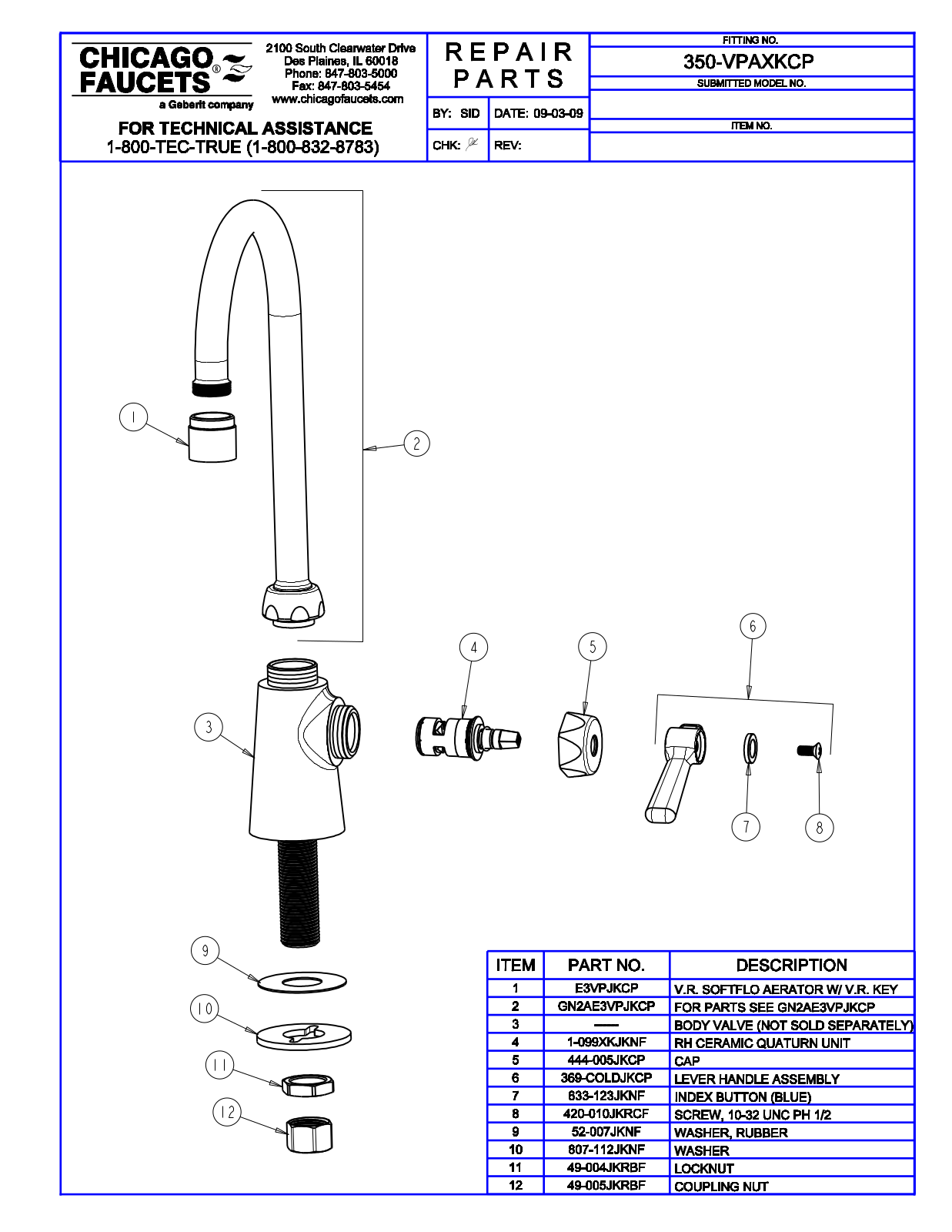 Chicago Faucet 350-VPAXKCP Parts List