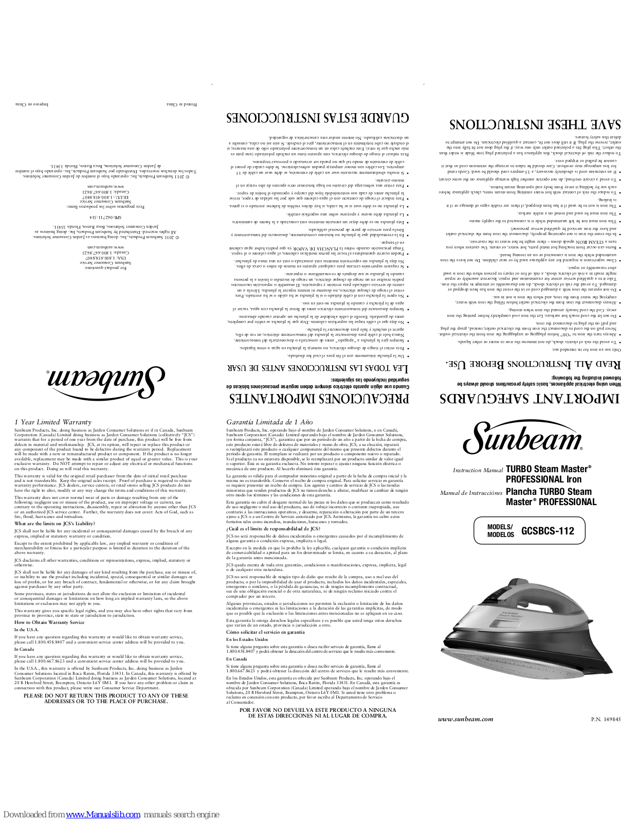 Sunbeam GCSBCS-105-000, GCSBCS-112-000, gcsbcs-212, GCSBCS-112 Instruction Manual