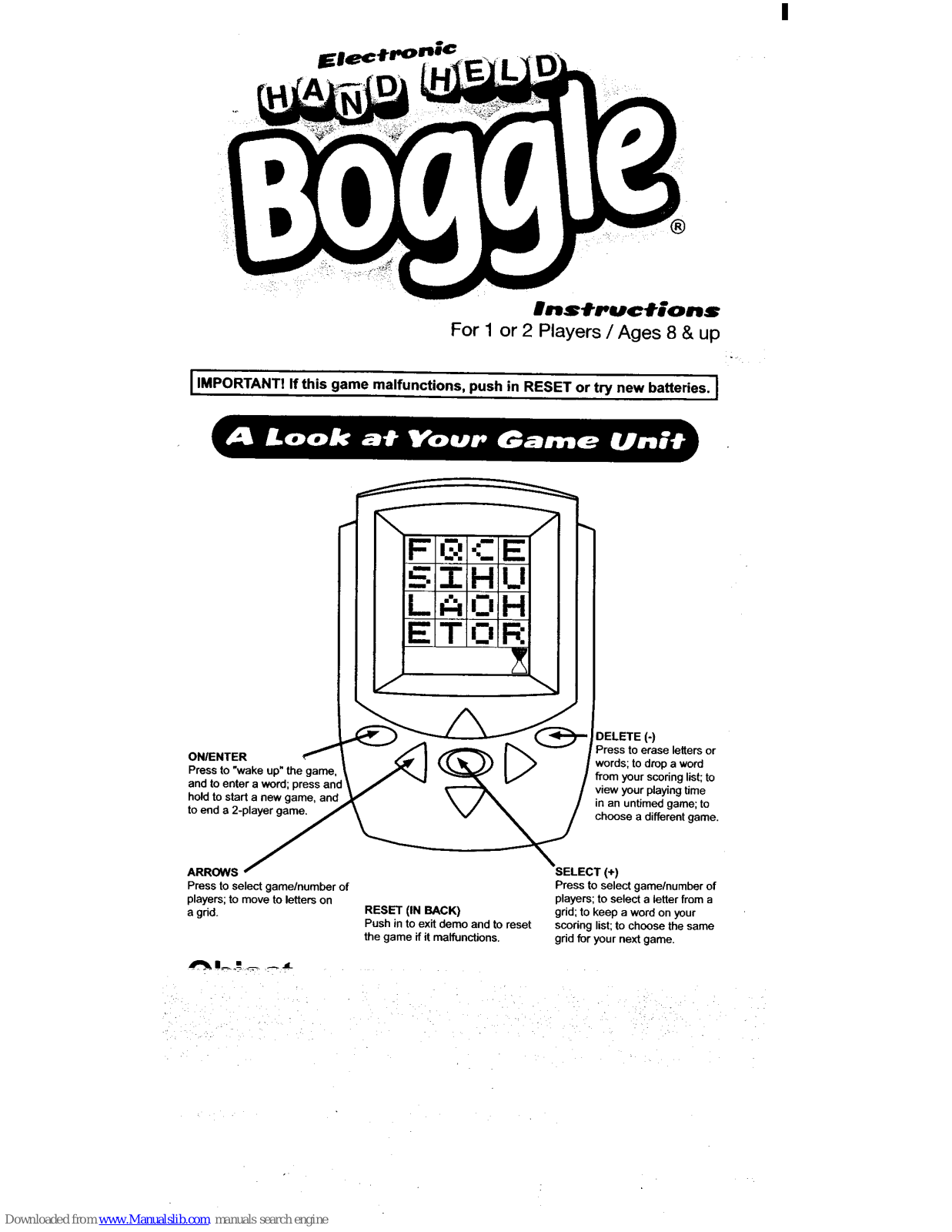 Parker Brothers Electronic Hand Held Boggle Instructions Manual