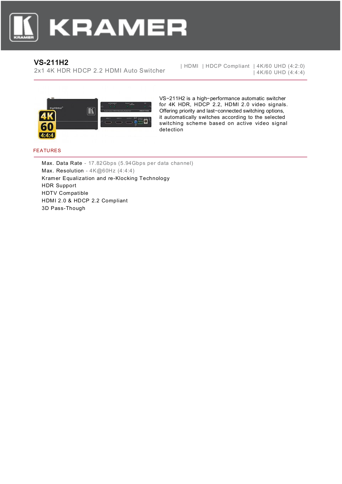 Kramer VS-211H2 Datasheet