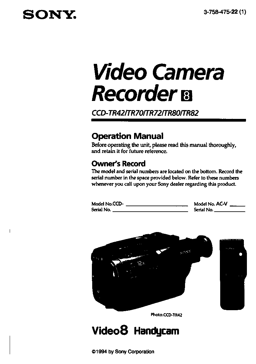 Sony CCD-TR42, CCD-TR72, CCD-TR80, CCD-TR70 User Manual