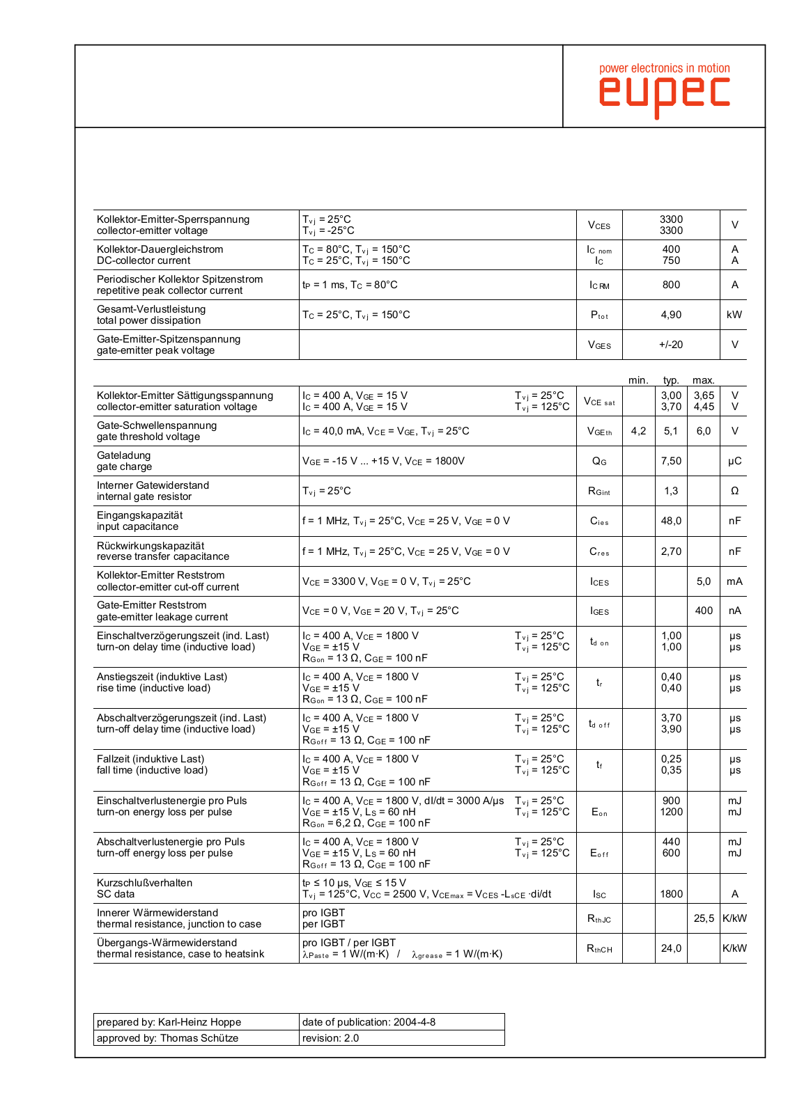 Infineon FZ400R33KL2C-B5 Data Sheet