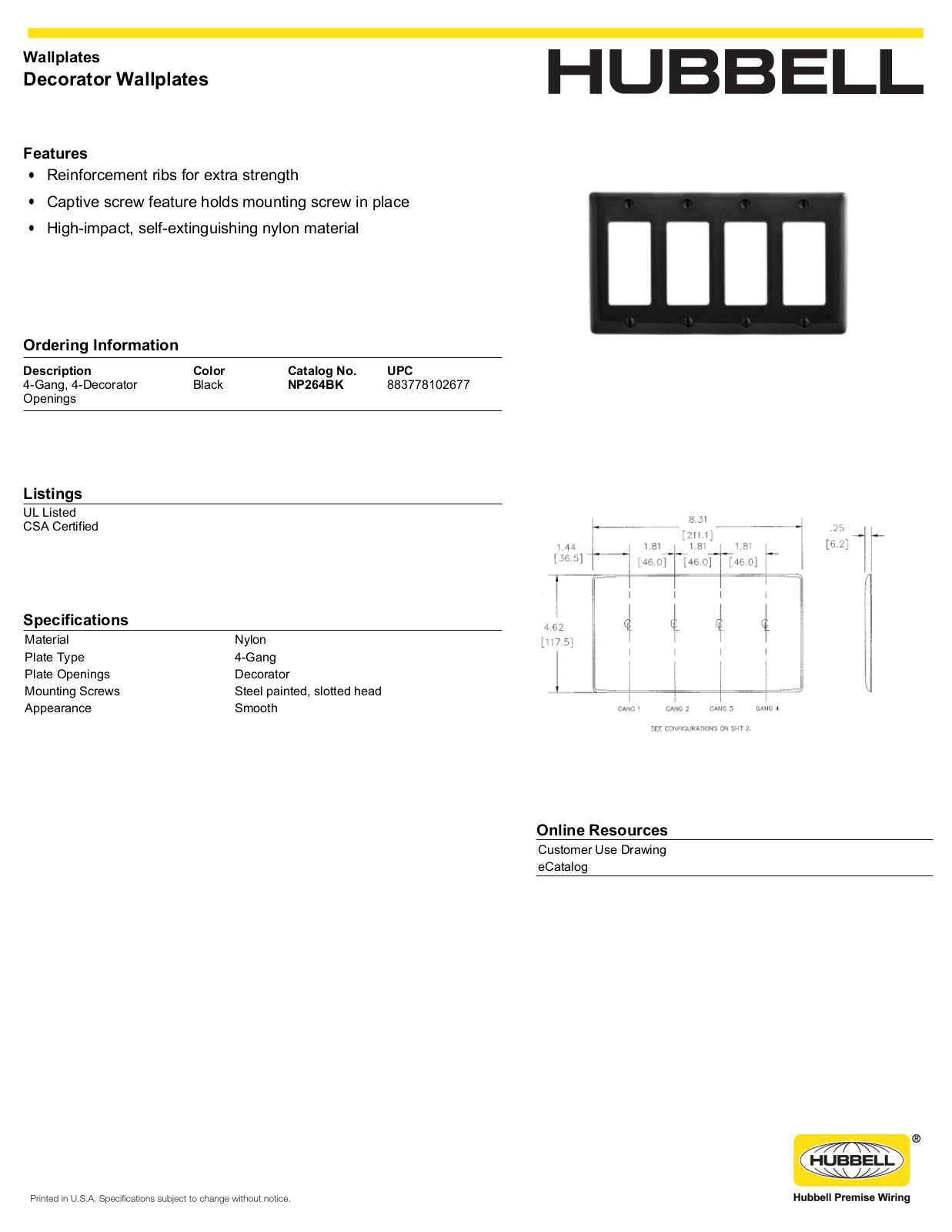 Hubbell NP264BK Specifications