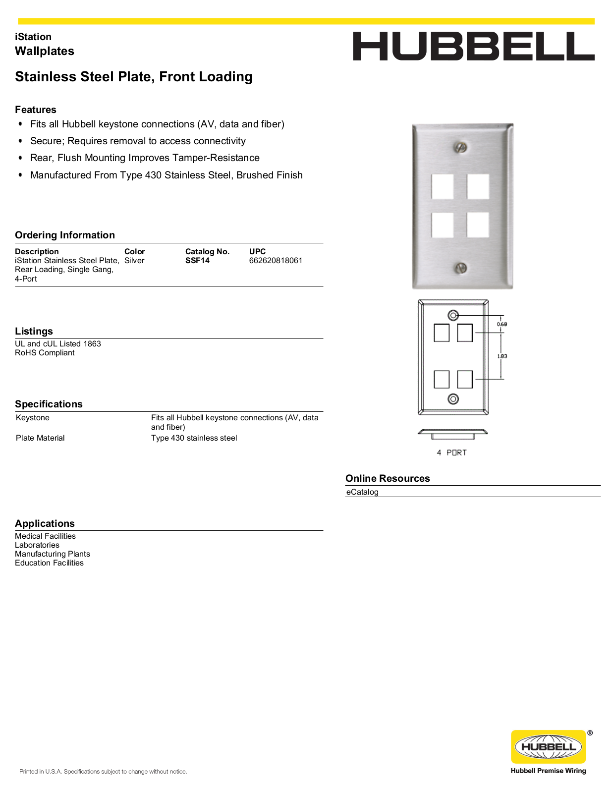 Hubbell SSF14 Specifications