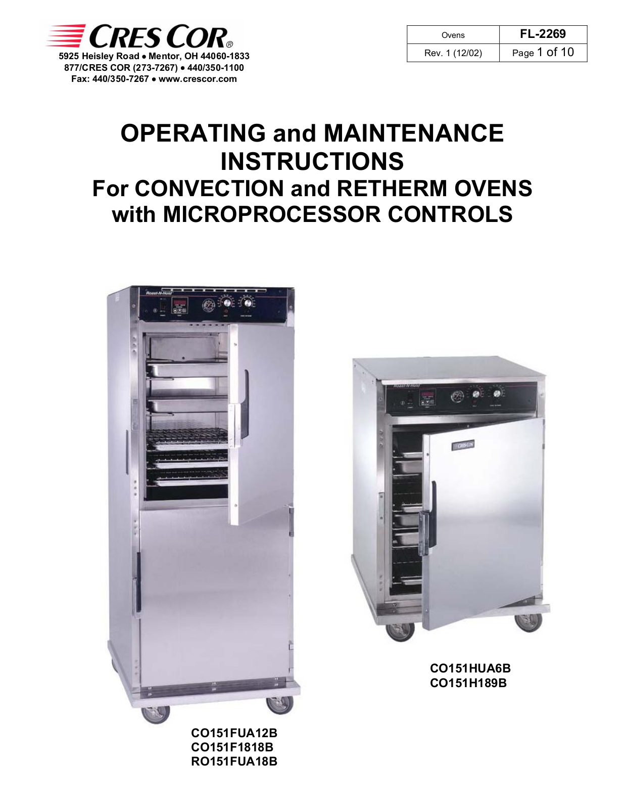 Cres Cor CO-151-F-1818B, CO151FUA12B, CO151HUA6B, CO151H189B, RO151FUA18B User Manual