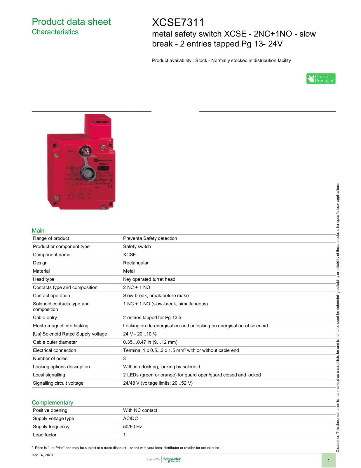 Square D XCSE7311 Data Sheet